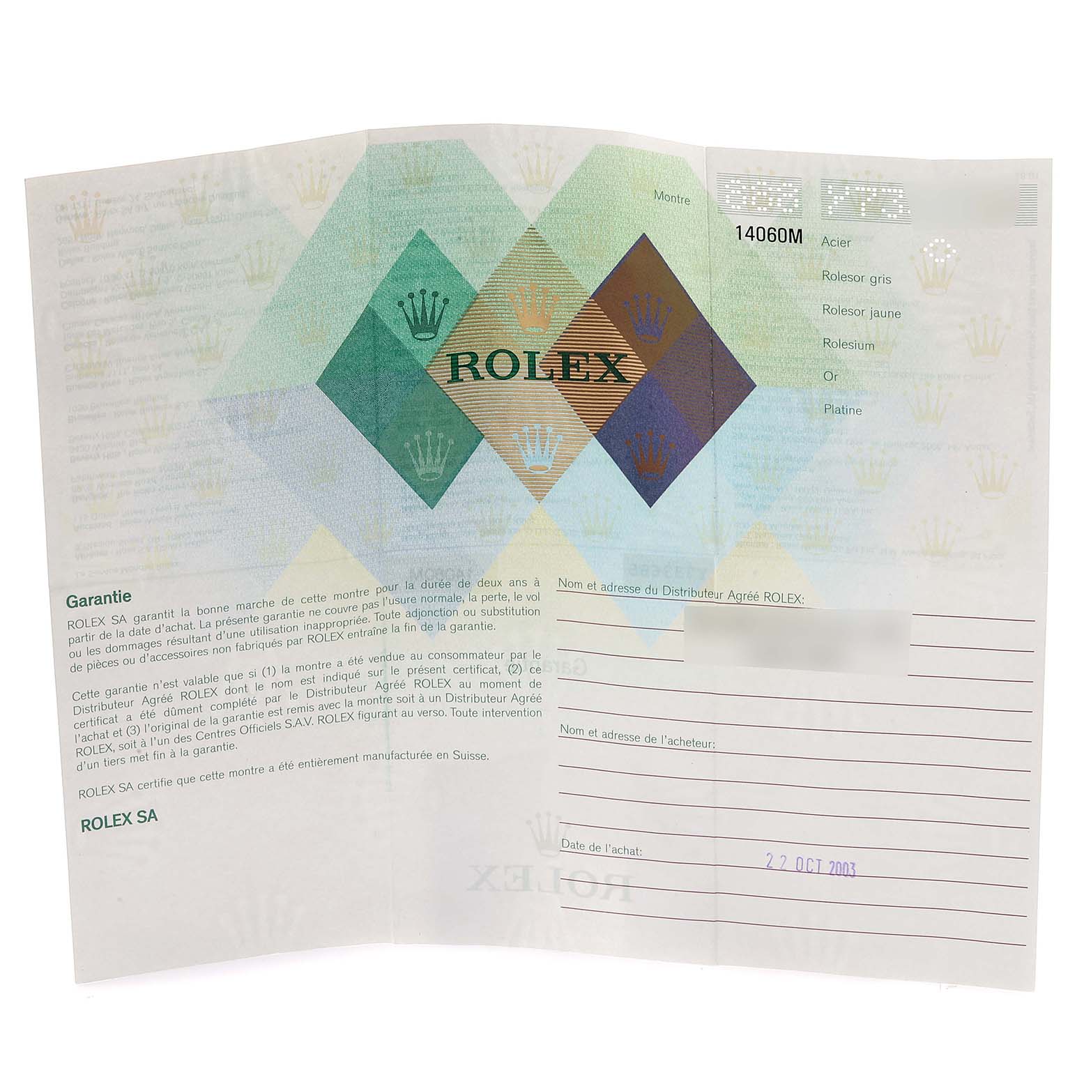 The image shows a guarantee certificate for a Rolex Submariner 14060 Men
s Stainless Steel Black Dial 14060 Men
s Stainless Steel Black Dial watch, displaying warranty details and purchase information.
