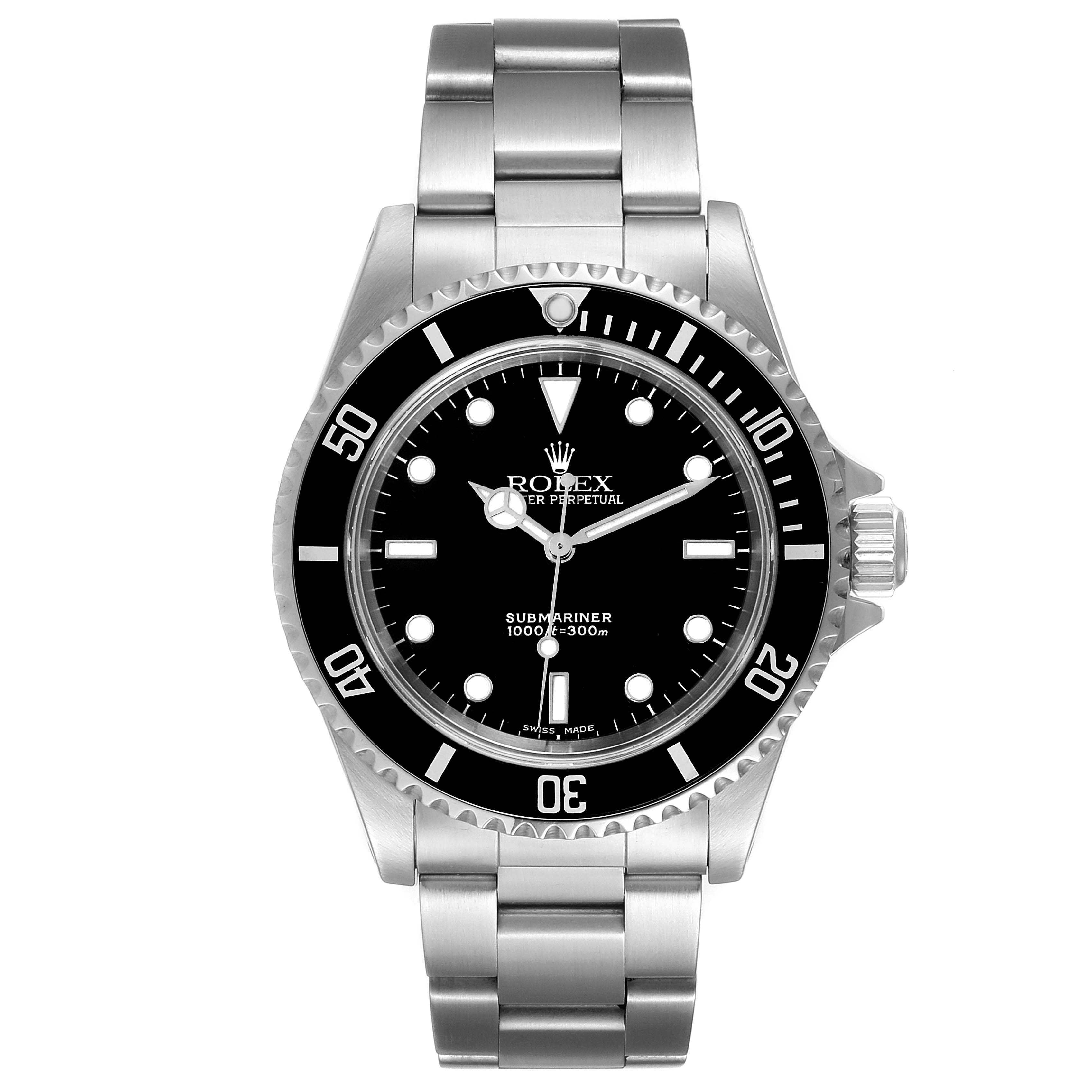 The image shows a front view of a Rolex Submariner 14060 Men
s Stainless Steel Black Dial 14060 Men
s Stainless Steel Black Dial watch, highlighting the dial, bezel, and bracelet.