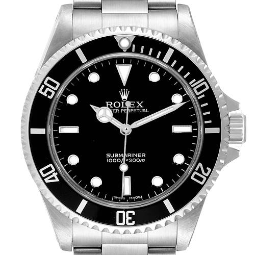 This image shows a front view of the Rolex Submariner watch, highlighting its black dial, bezel, and metal bracelet.