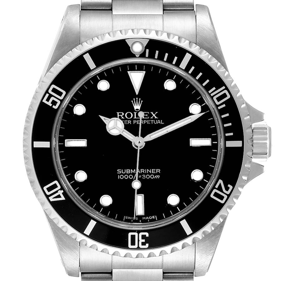 This image shows a frontal view of a Rolex Submariner watch, highlighting the bezel, dial, and bracelet.