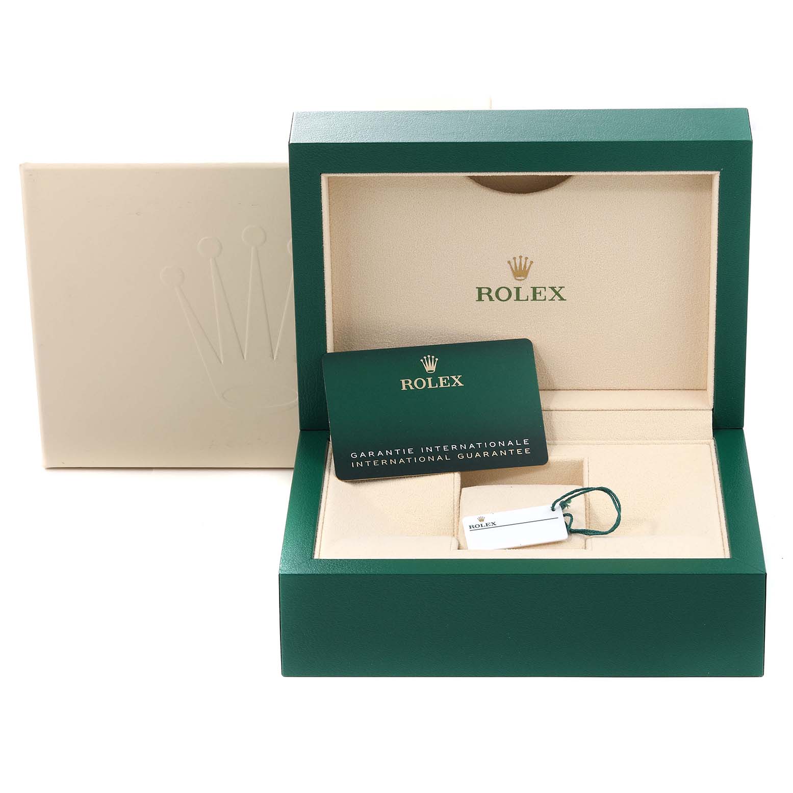 This image shows the packaging and accessories of a Rolex Submariner 126610 Men
s Stainless Steel Black Dial 126610 Men
s Stainless Steel Black Dial, including the box, warranty card, and tag.