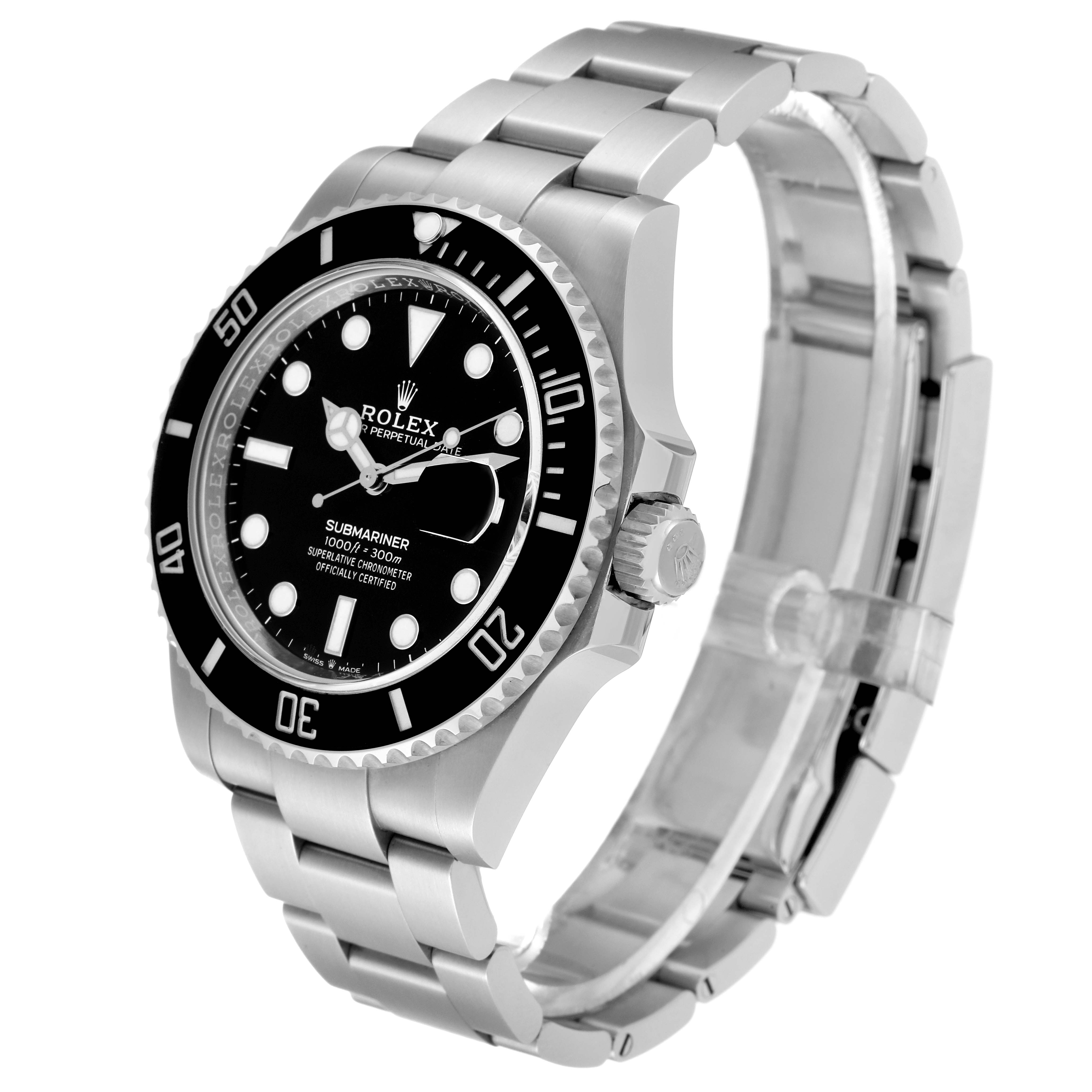 The image shows a side angle of a Rolex Submariner 126610 Men
s Stainless Steel Black Dial 126610 Men
s Stainless Steel Black Dial watch, highlighting its bracelet, bezel, and dial.