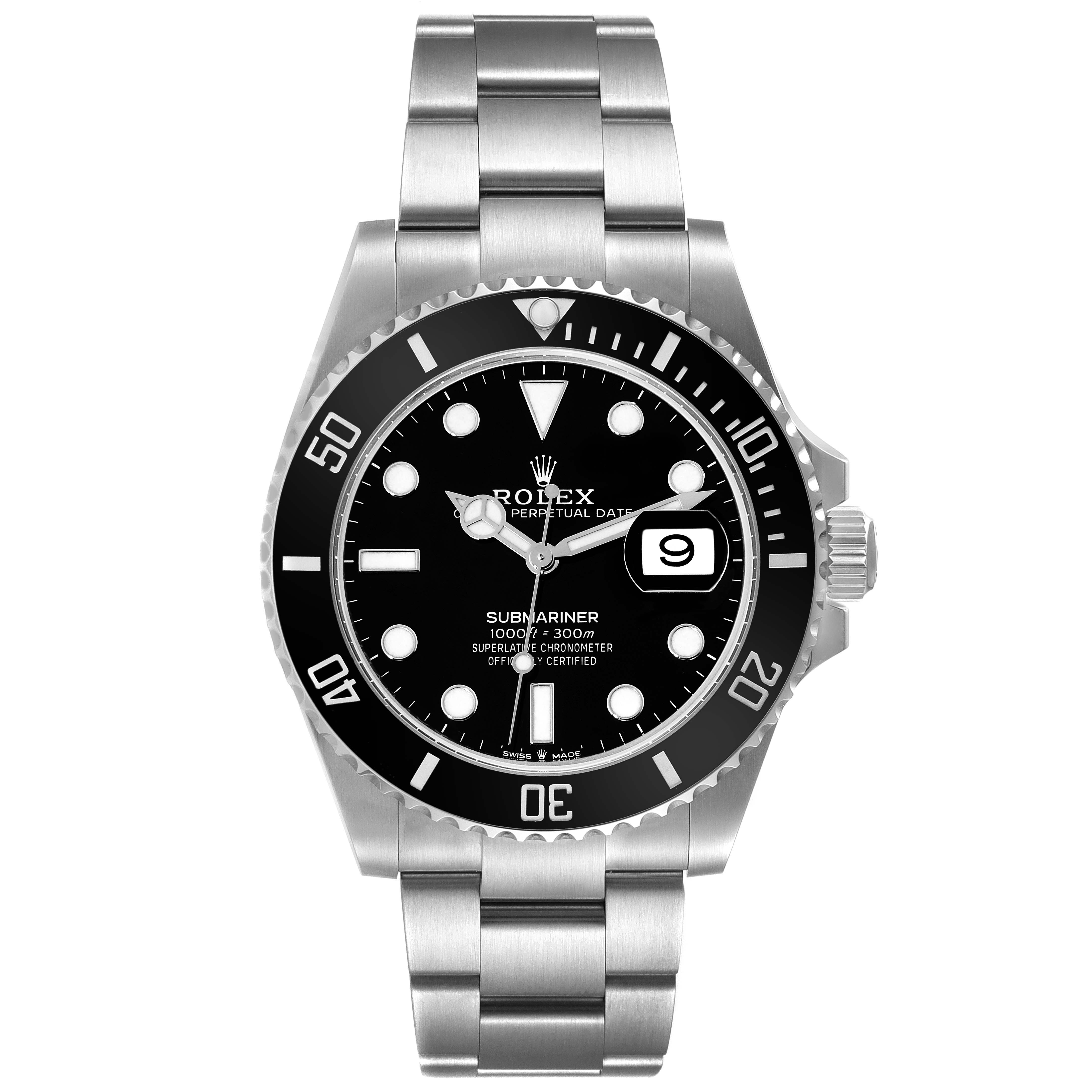 The image shows a front view of a Rolex Submariner 126610 Men
s Stainless Steel Black Dial 126610 Men
s Stainless Steel Black Dial watch, featuring a black dial, bezel, and stainless steel bracelet.