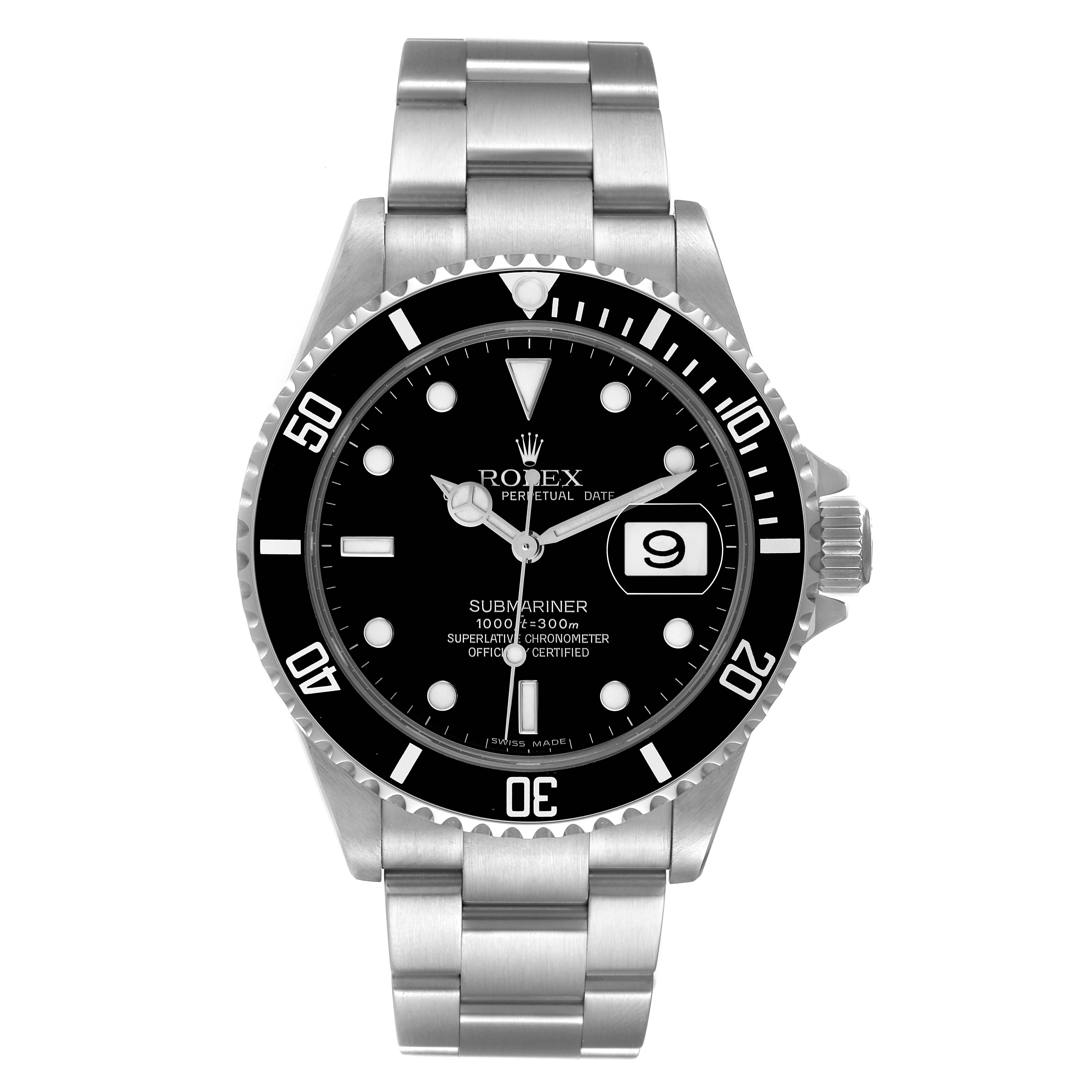 The image shows a front view of a Rolex Submariner 16610 Men
s Stainless Steel Black Dial 16610 Men
s Stainless Steel Black Dial watch, highlighting its black dial, bezel, and stainless steel bracelet.
