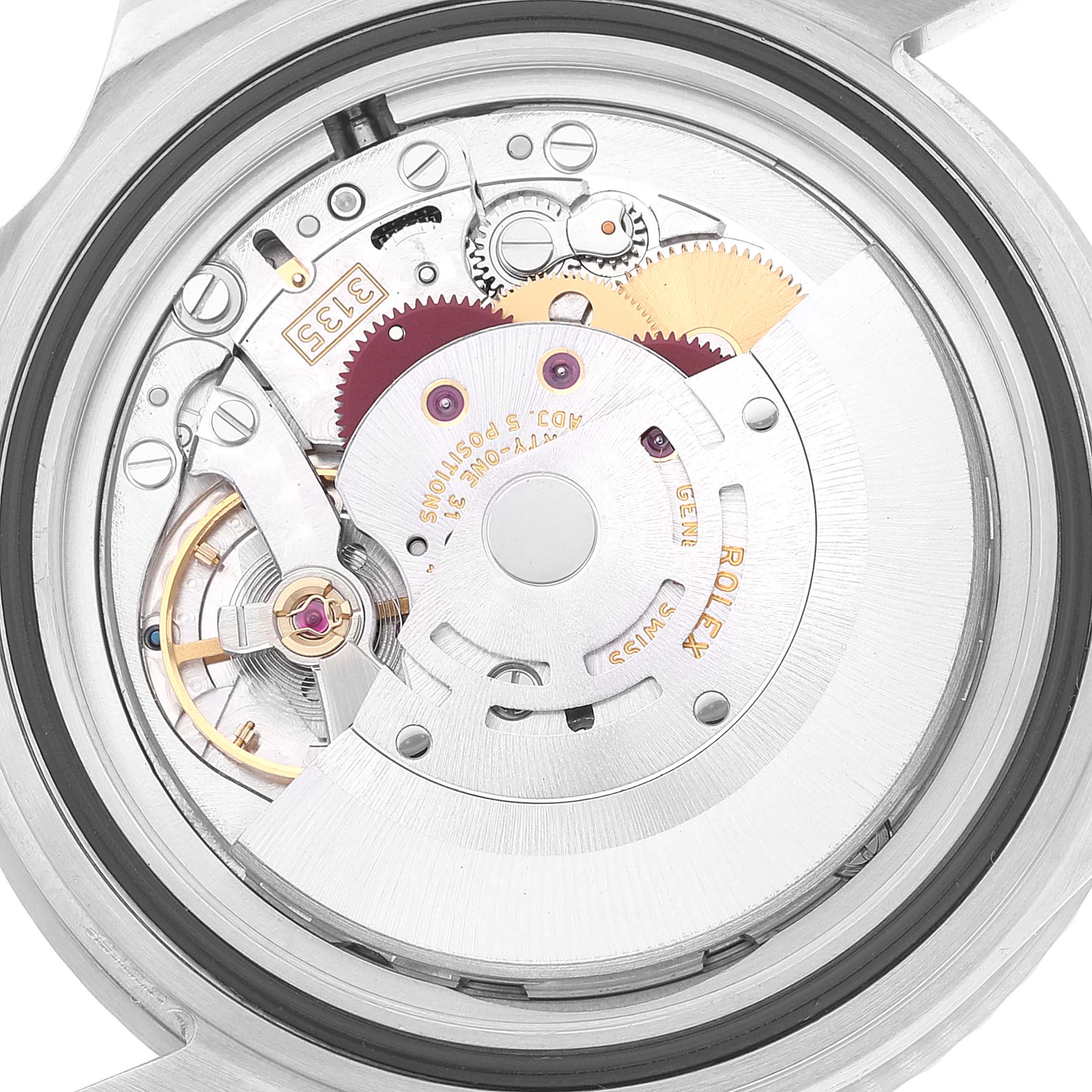 The image shows the inner mechanical movement of the Rolex Submariner 16610 Men
s Stainless Steel Black Dial 16610 Men
s Stainless Steel Black Dial watch from the back angle, displaying gears and components.