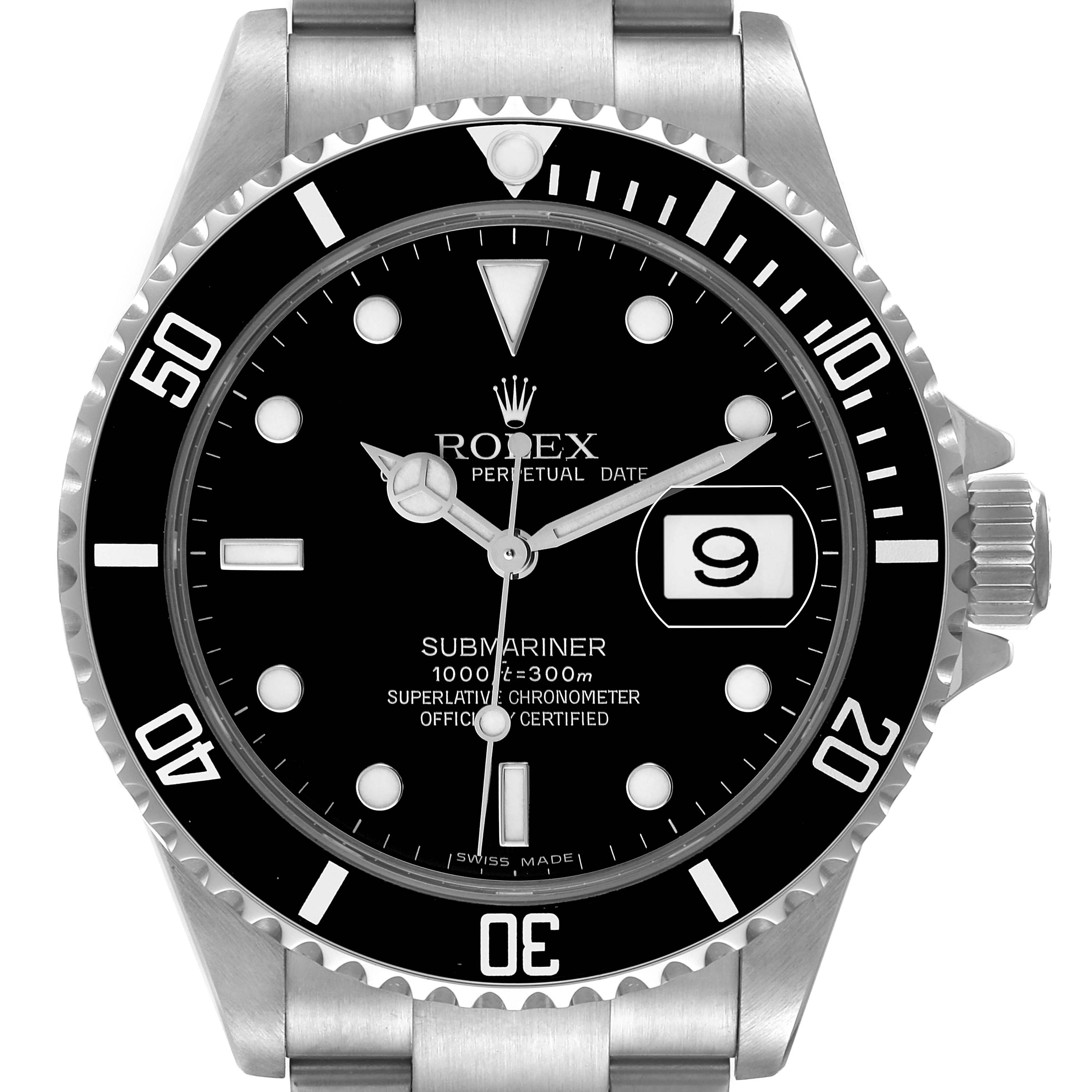 The image shows a front view of the Rolex Submariner 16610 Men
s Stainless Steel Black Dial 16610 Men
s Stainless Steel Black Dial watch, highlighting its bezel, dial, hands, date window, and part of the bracelet.