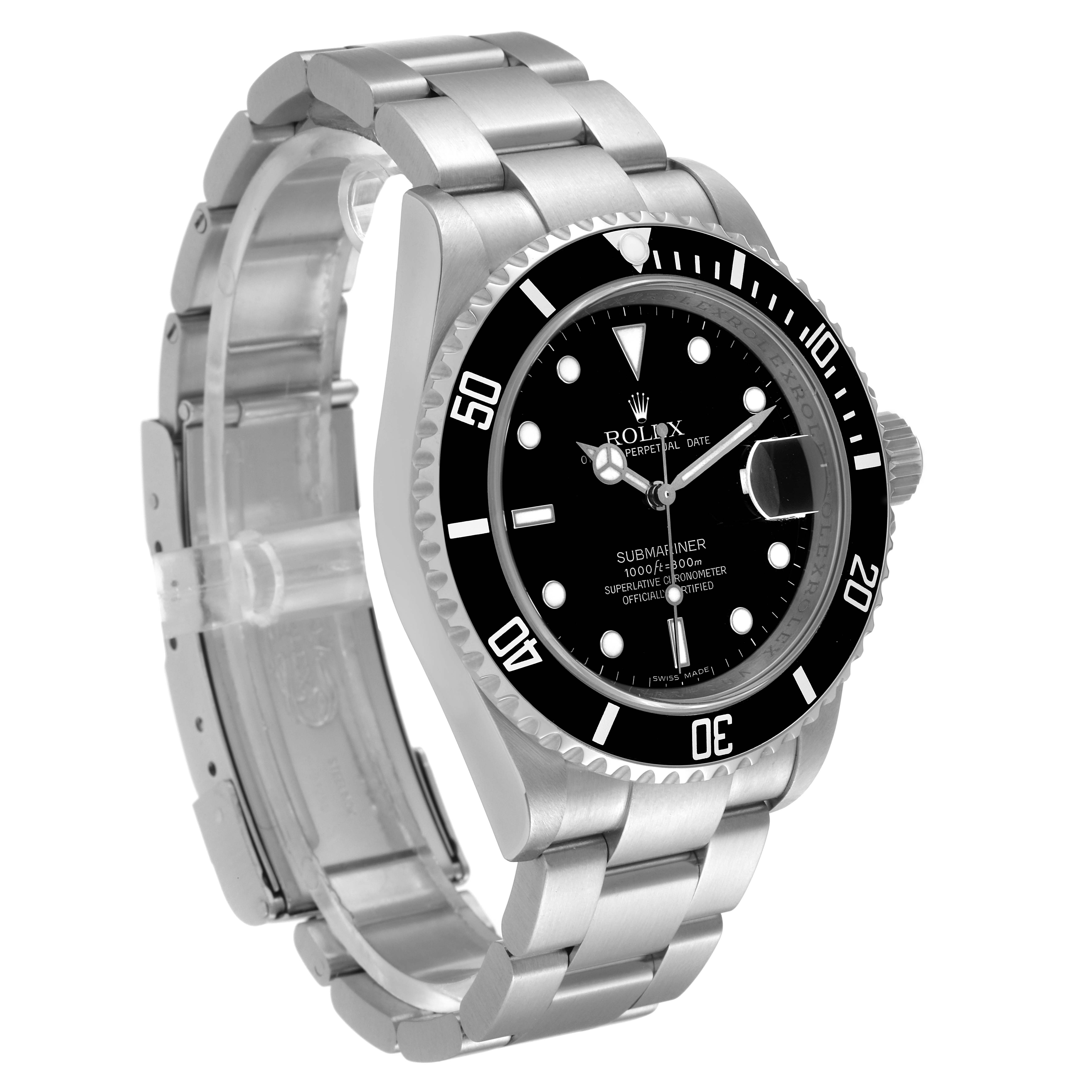 The Rolex Submariner 16610 Men
s Stainless Steel Black Dial 16610 Men
s Stainless Steel Black Dial watch is shown at a three-quarter angle, displaying its black dial, bezel, and stainless steel bracelet.