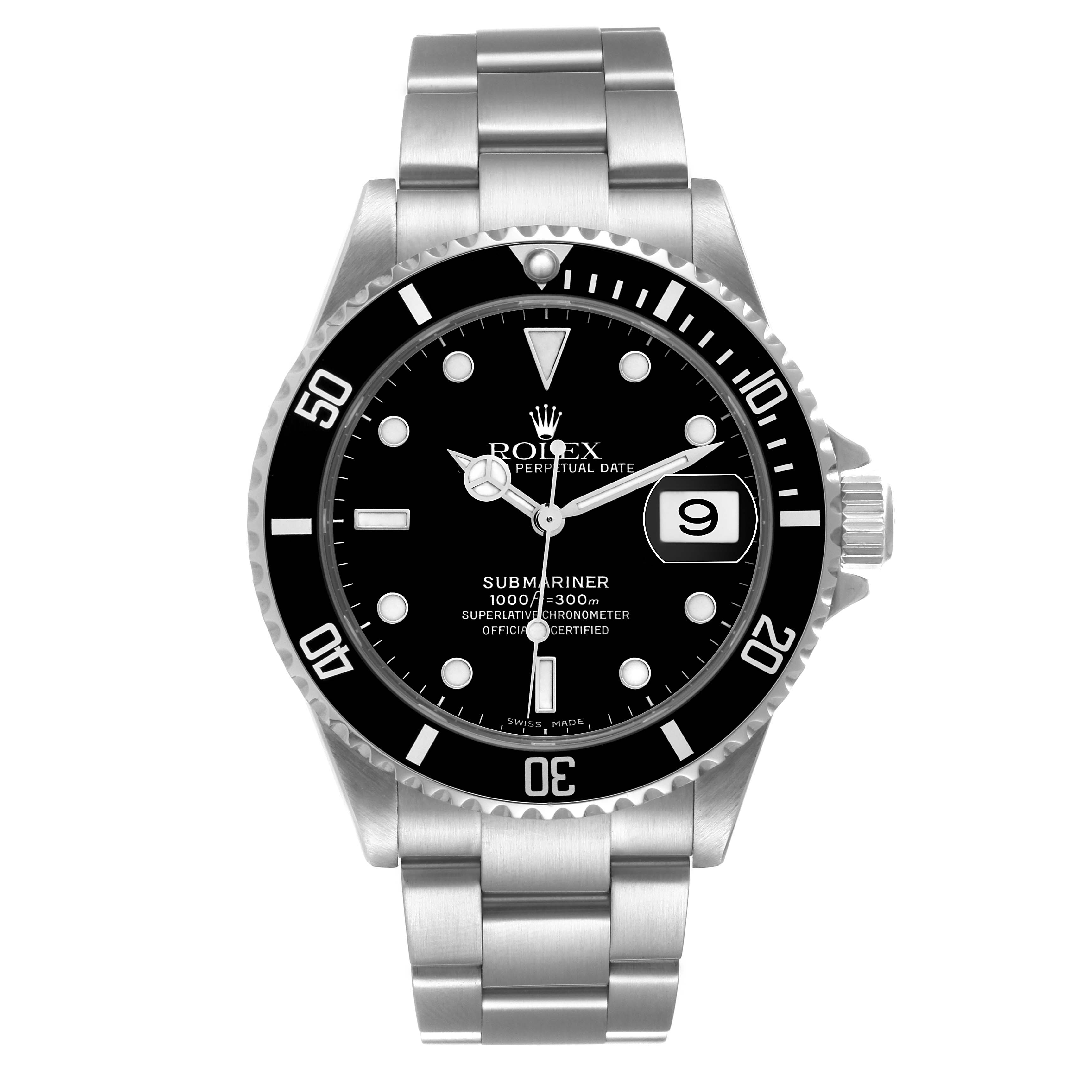 The image shows a front view of the Rolex Submariner 16610 Men
s Stainless Steel Black Dial 16610 Men
s Stainless Steel Black Dial watch, highlighting its black dial, date window, and stainless steel bracelet.