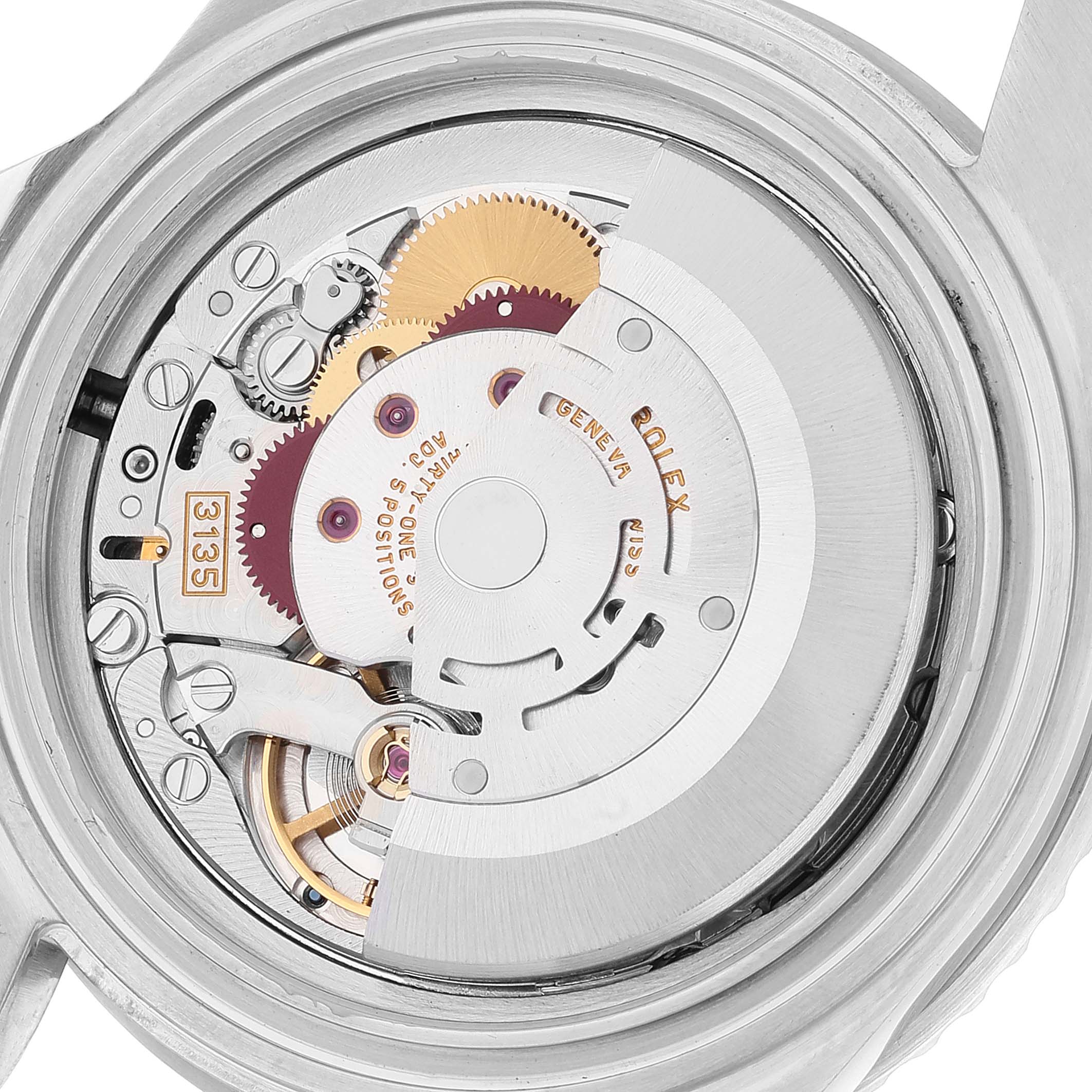 This image shows the internal movement mechanism of a Rolex Submariner 16610 Men
s Stainless Steel Black Dial 16610 Men
s Stainless Steel Black Dial watch from a close-up angle.