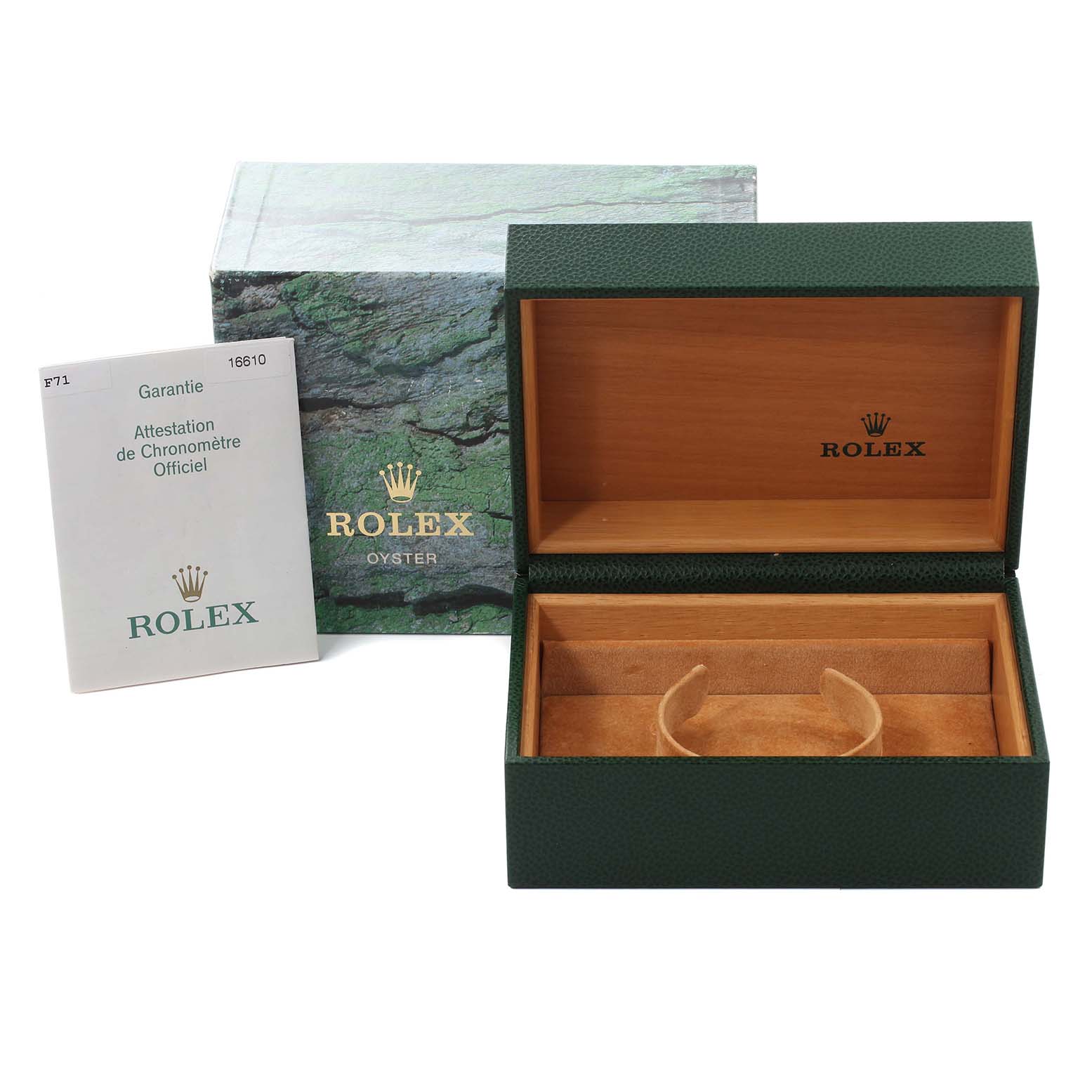 The image shows a green Rolex Submariner 16610 Men
s Stainless Steel Black Dial 16610 Men
s Stainless Steel Black Dial box, open with interior padding, alongside the external packaging and official paperwork.