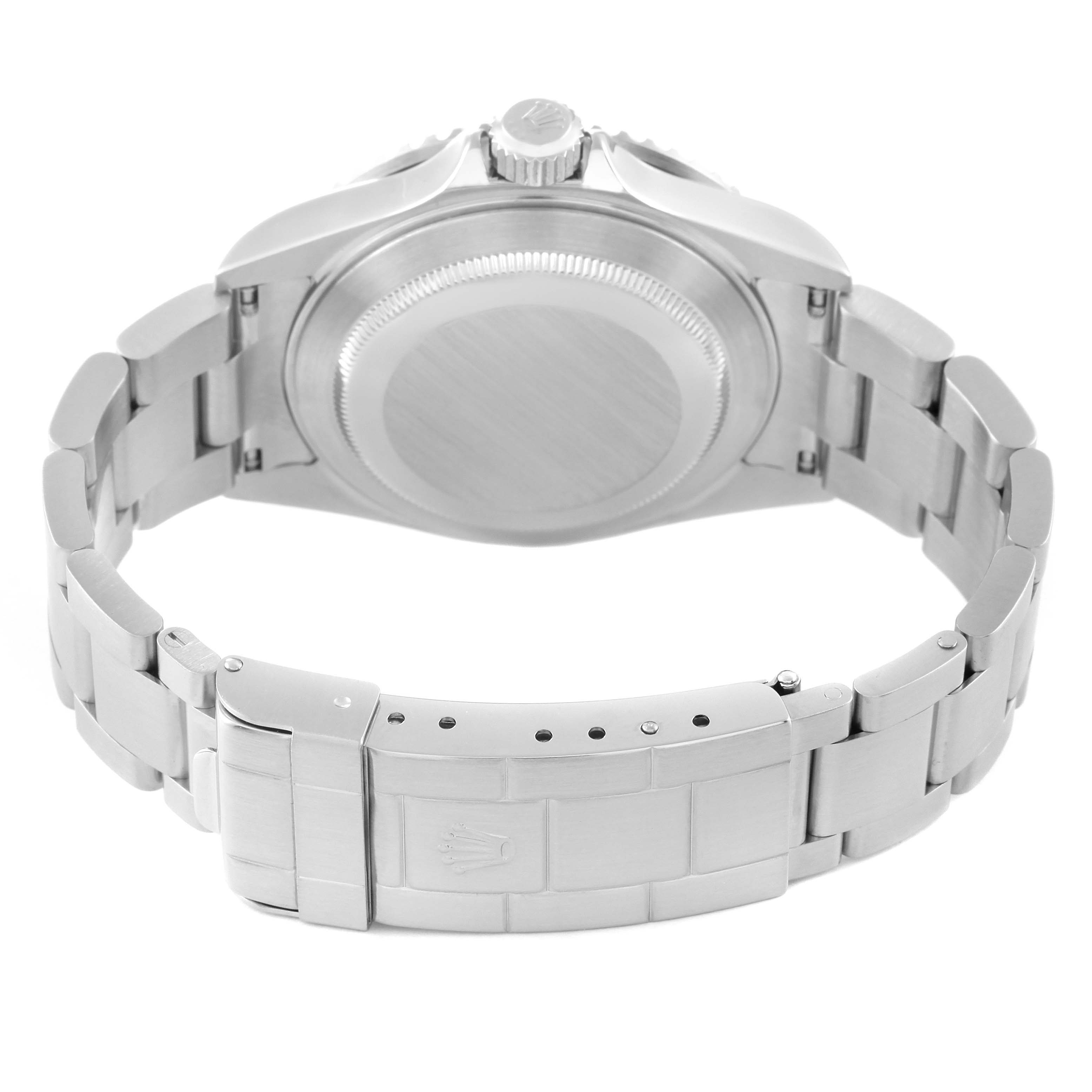 The image shows the back case and bracelet of a Rolex Submariner 16610 Men
s Stainless Steel Black Dial 16610 Men
s Stainless Steel Black Dial watch at a rear angle.