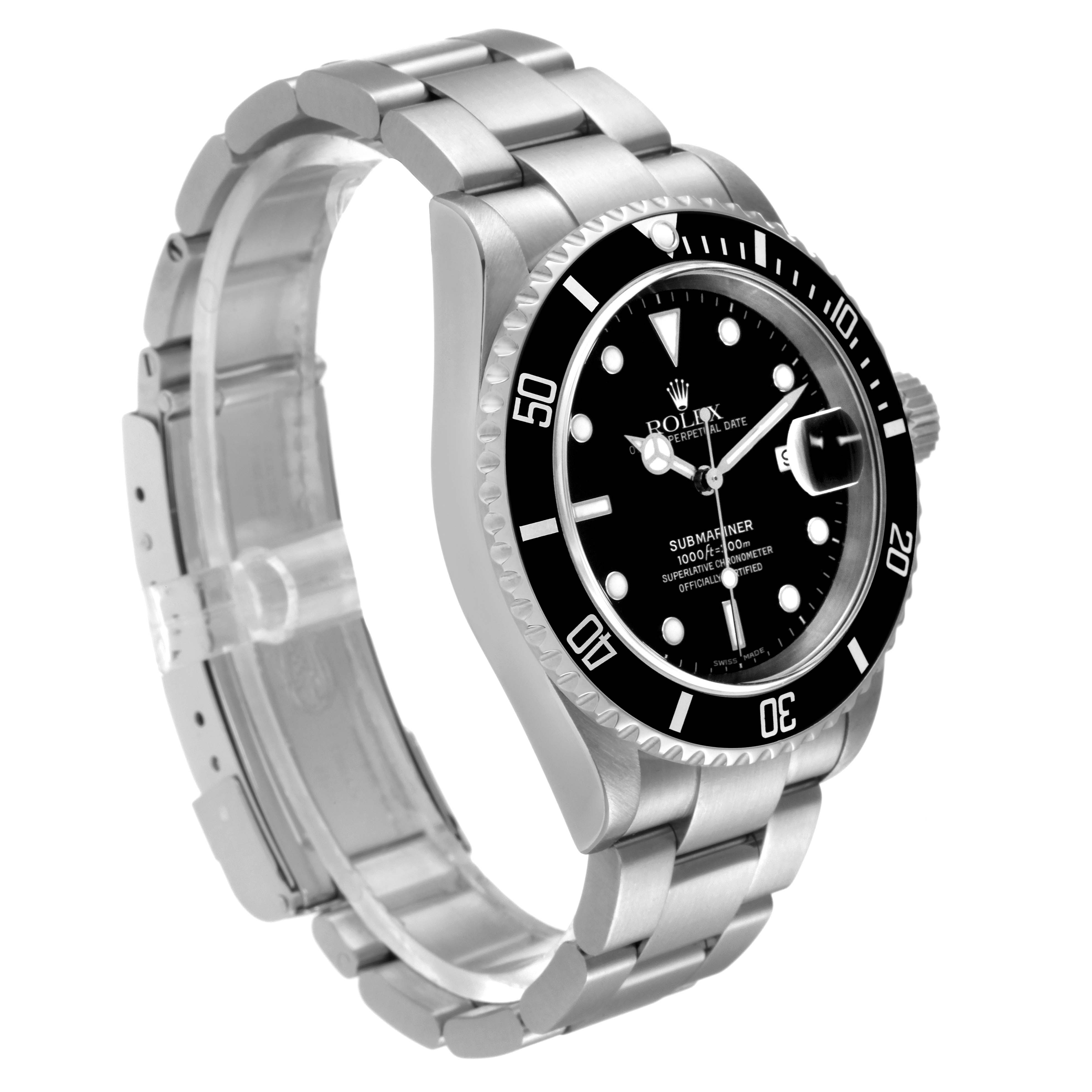 The Rolex Submariner 16610 Men
s Stainless Steel Black Dial 16610 Men
s Stainless Steel Black Dial watch is shown from an angled left-side view, displaying the face, bezel, and bracelet.