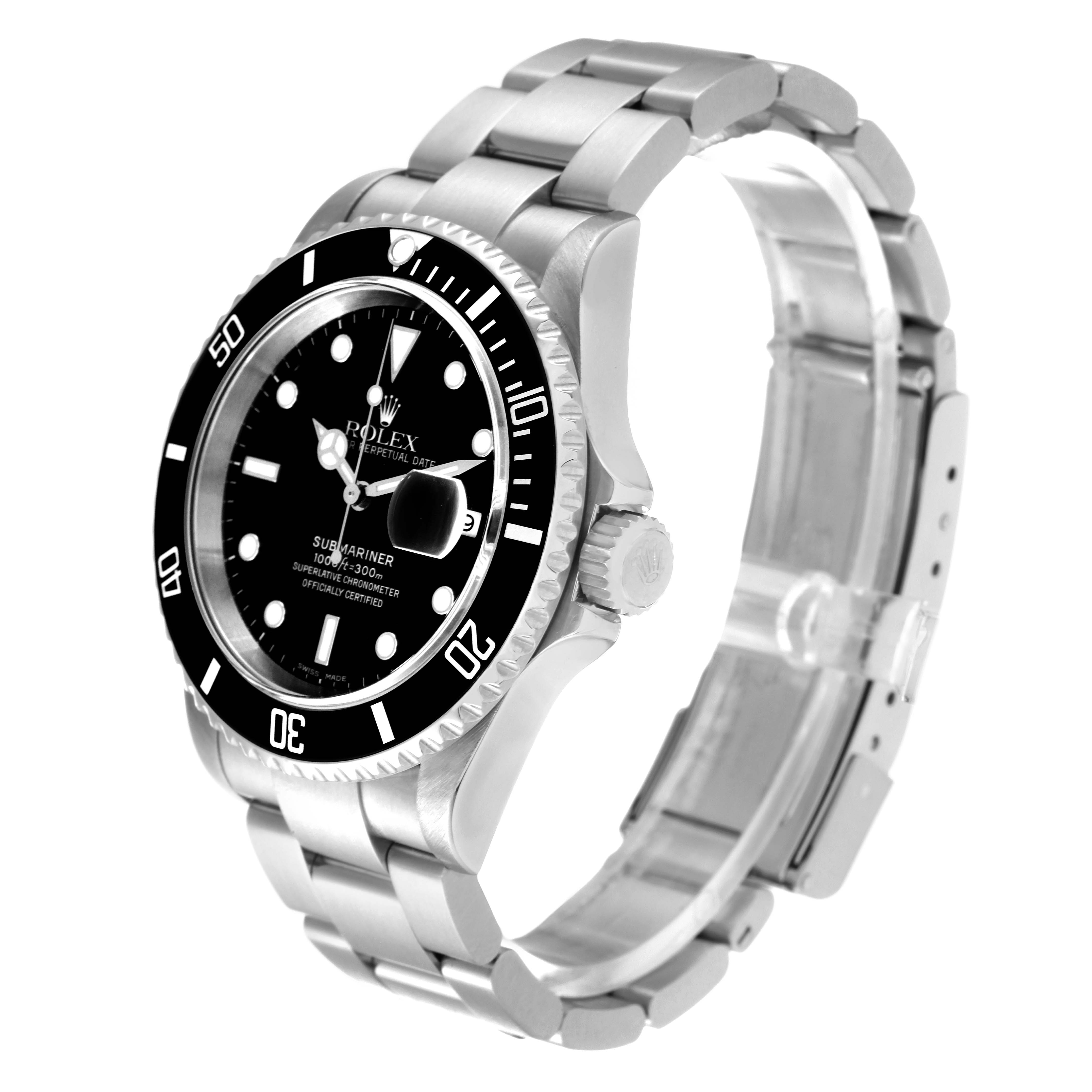 This image shows a side angle of a Rolex Submariner 16610 Men
s Stainless Steel Black Dial 16610 Men
s Stainless Steel Black Dial watch, displaying the dial, bezel, bracelet, and crown.