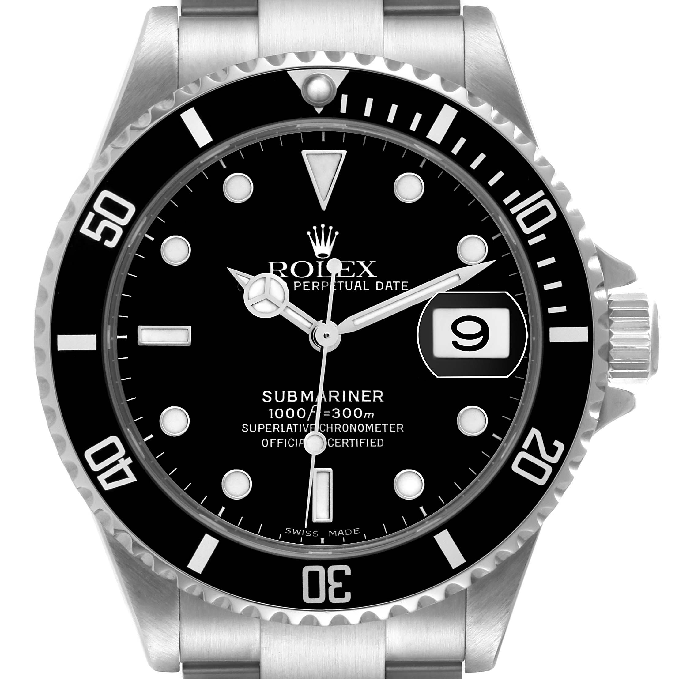 This image shows a front view of the Rolex Submariner 16610 Men
s Stainless Steel Black Dial 16610 Men
s Stainless Steel Black Dial, highlighting its dial, bezel, and part of the bracelet.