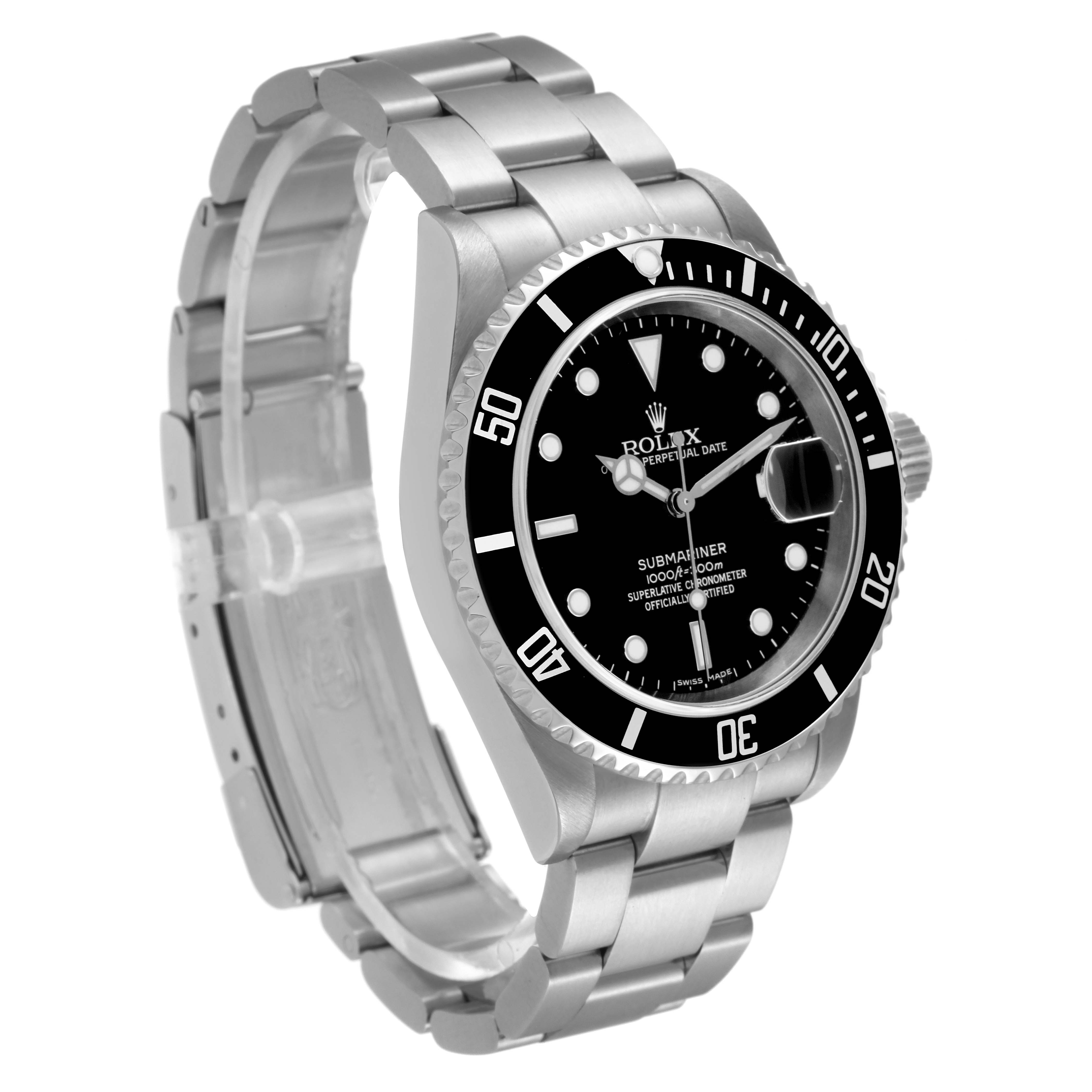 The image shows a Rolex Submariner 16610 Men
s Stainless Steel Black Dial 16610 Men
s Stainless Steel Black Dial watch from a front-side angle, displaying its face, bezel, and metal bracelet.