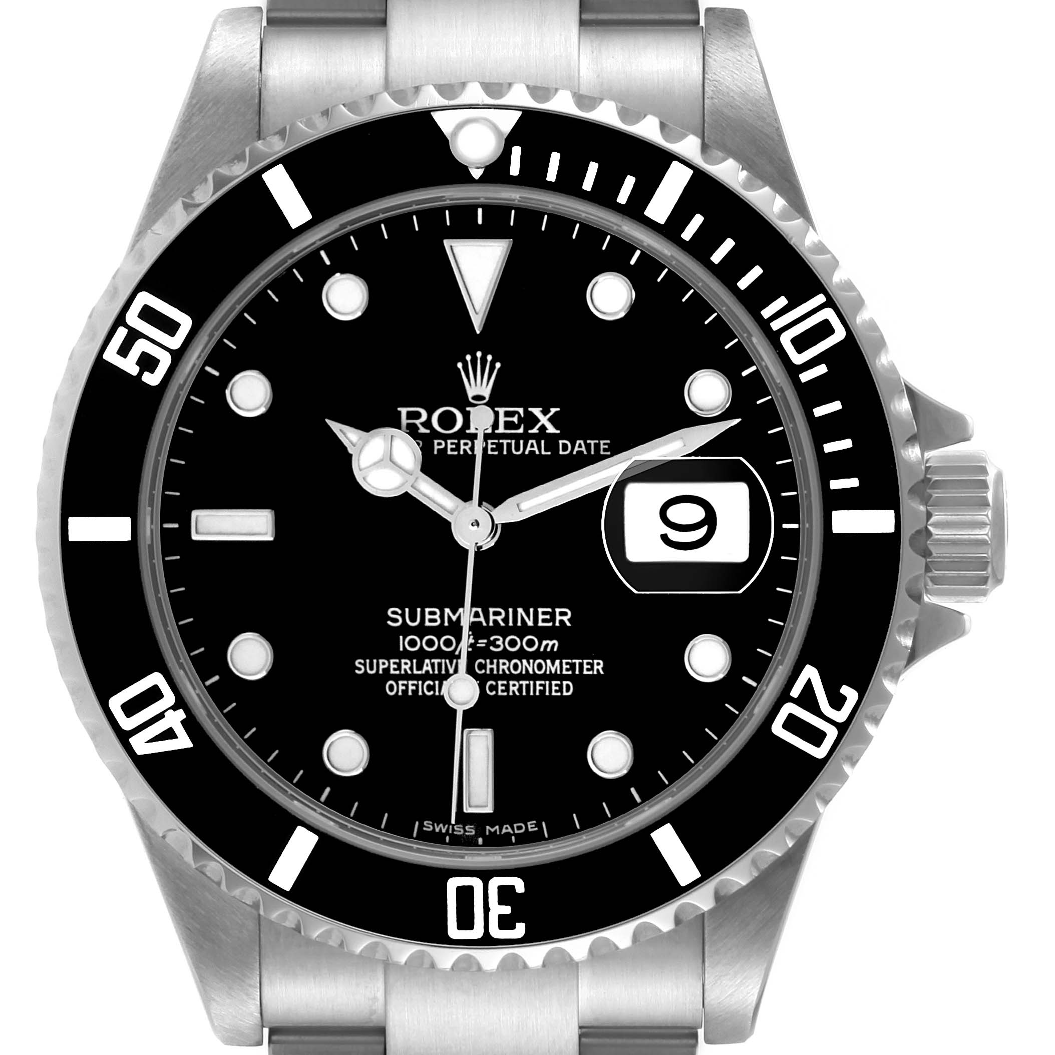 This is a front view of the Rolex Submariner 16610 Men
s Stainless Steel Black Dial 16610 Men
s Stainless Steel Black Dial, showcasing its dial, hands, bezel, date window, and part of the bracelet.