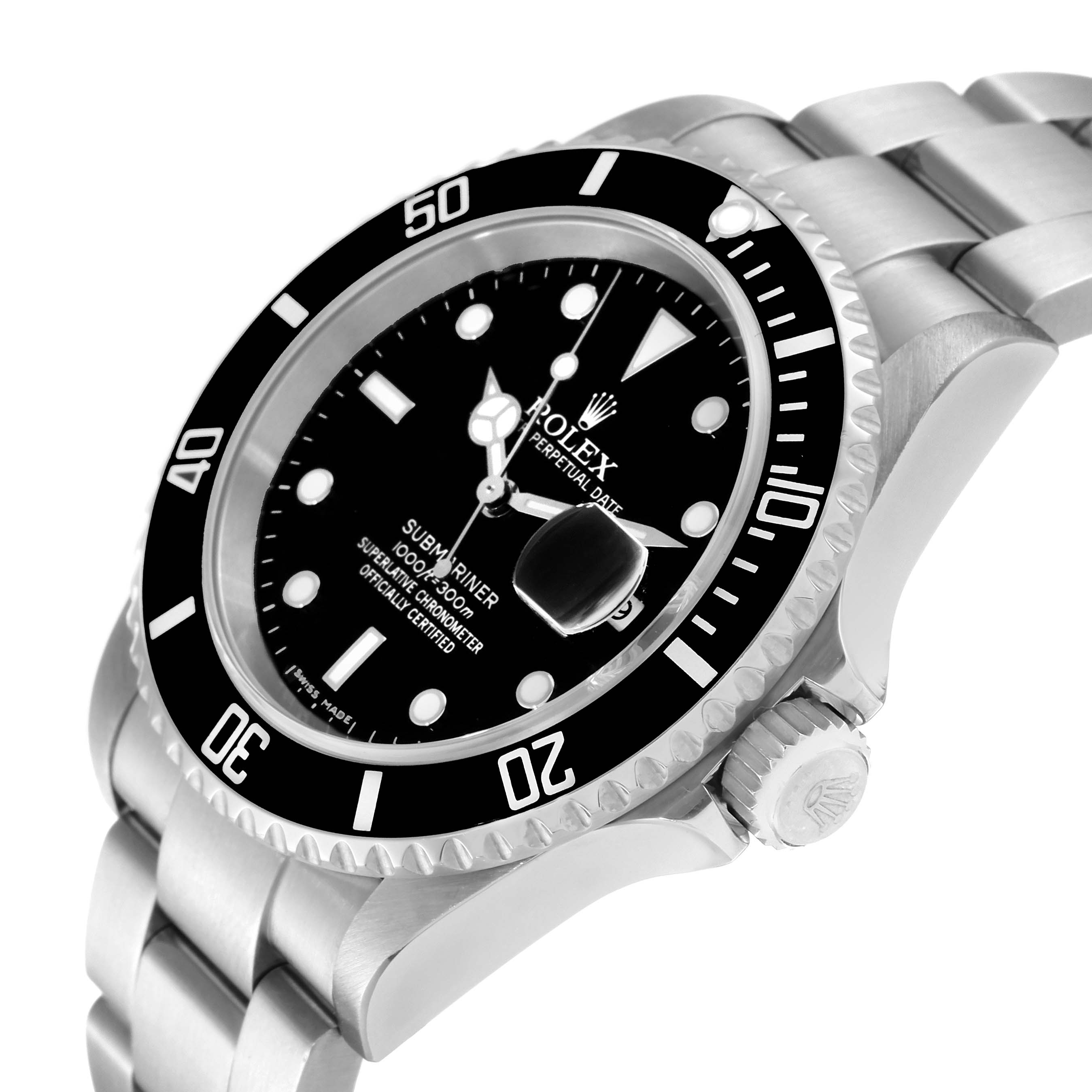 The image shows the Rolex Submariner 16610 Men
s Stainless Steel Black Dial 16610 Men
s Stainless Steel Black Dial watch at a three-quarter angle, displaying the bezel, dial, crown, and part of the bracelet.