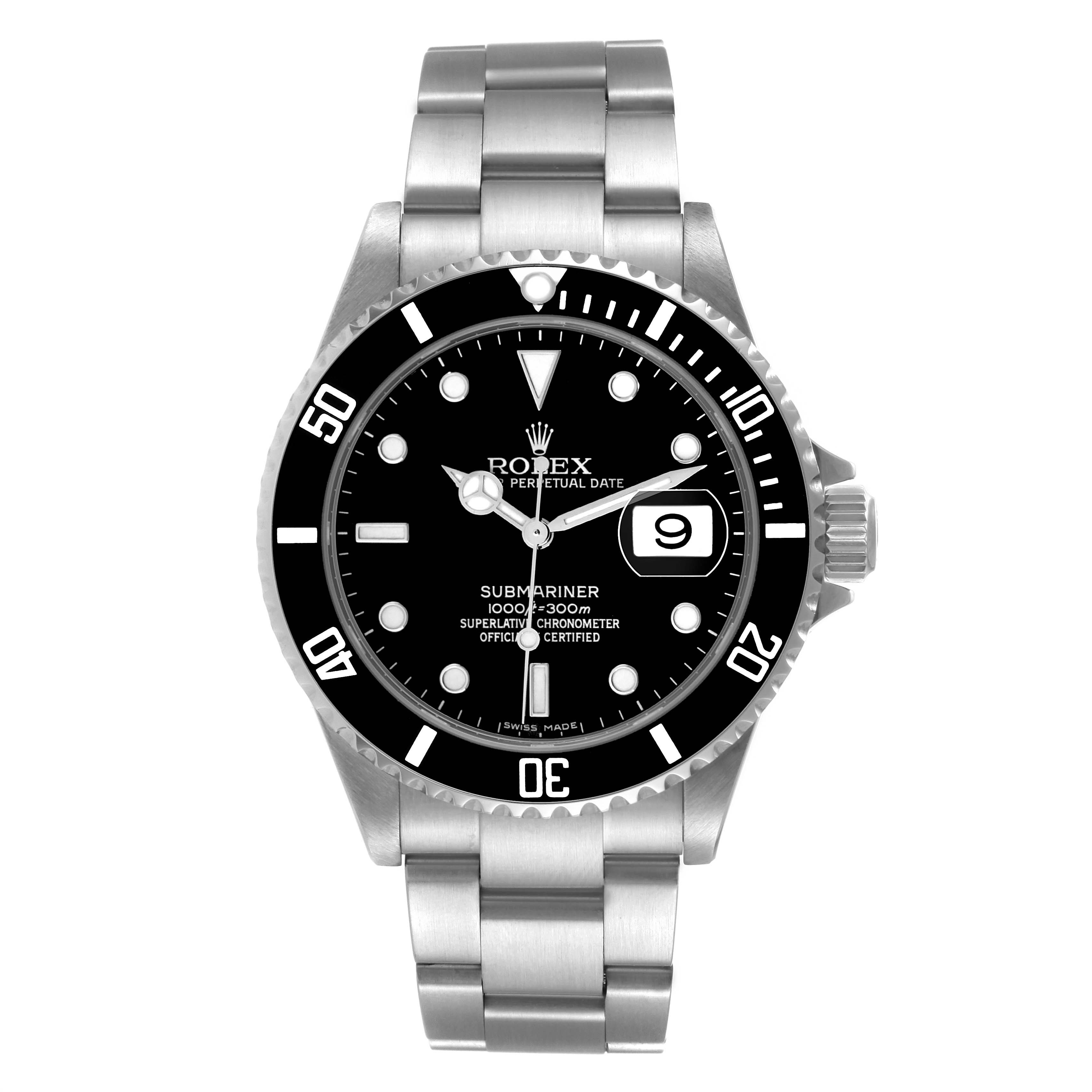 The Rolex Submariner 16610 Men
s Stainless Steel Black Dial 16610 Men
s Stainless Steel Black Dial model watch is shown from a front view, displaying its face, bezel, and bracelet.