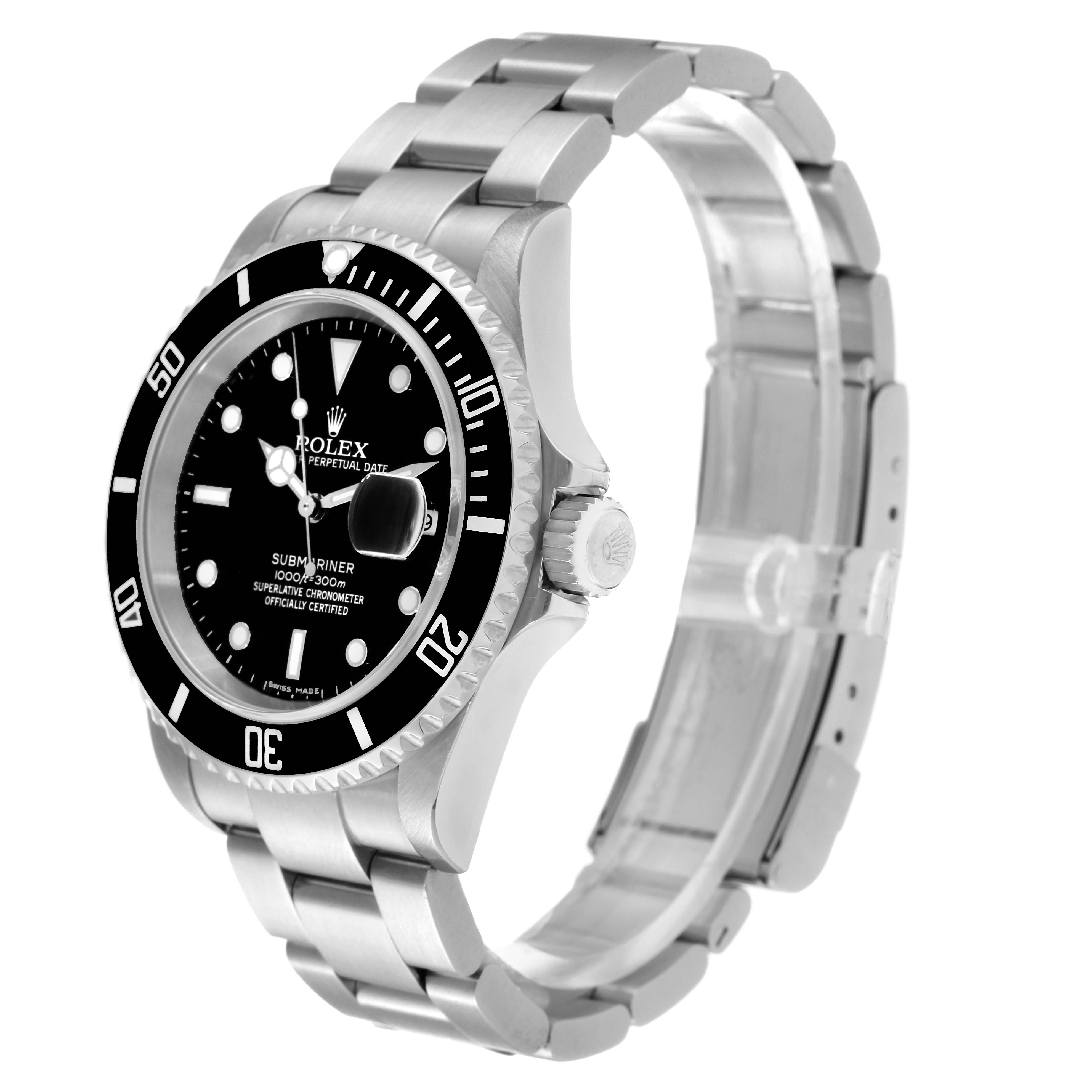 The image shows a side angle view of a Rolex Submariner 16610 Men
s Stainless Steel Black Dial 16610 Men
s Stainless Steel Black Dial watch, displaying its face, bezel, and bracelet.