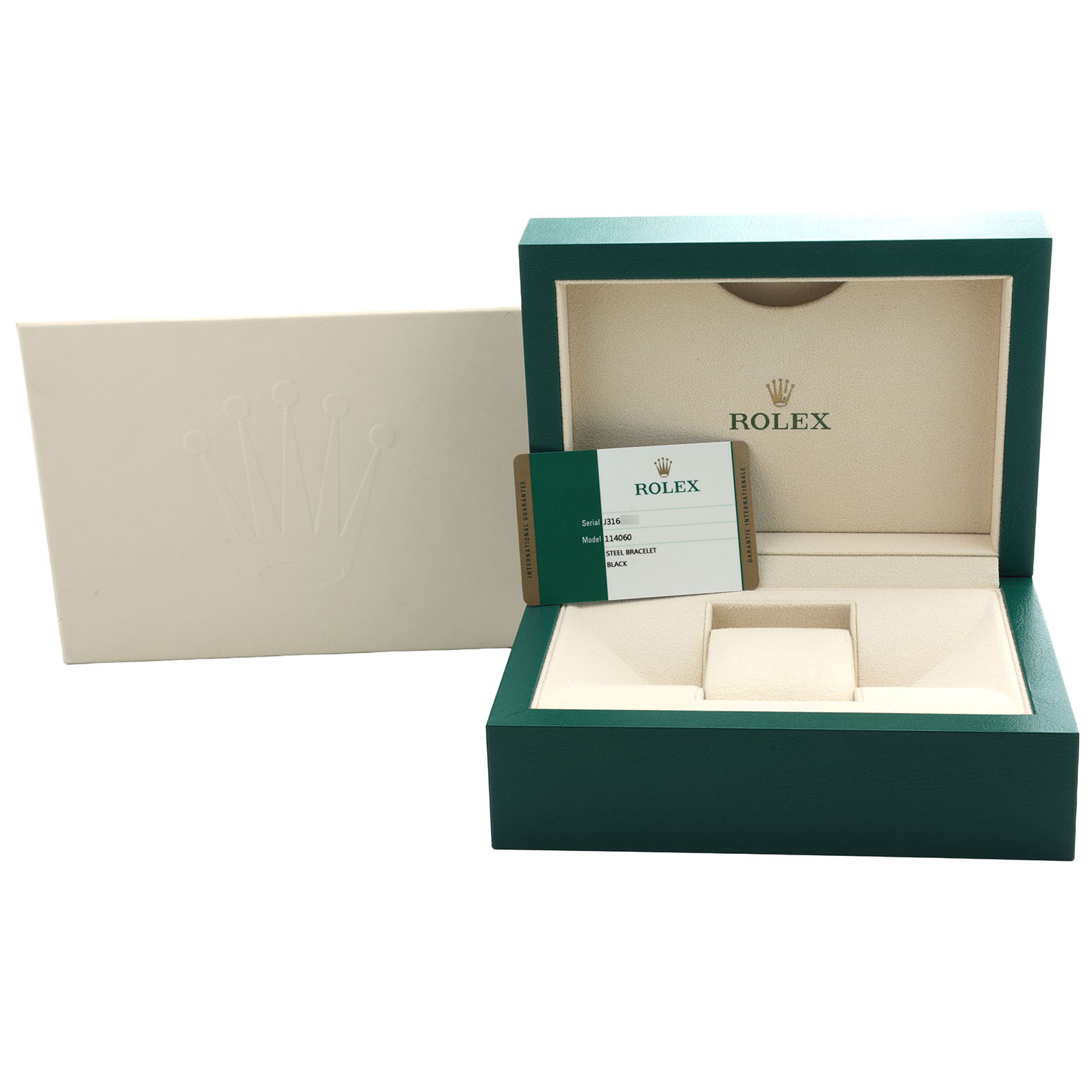 The image shows a Rolex Submariner 114060 Men's Stainless Steel Black Dial box and a card, viewed from the front.