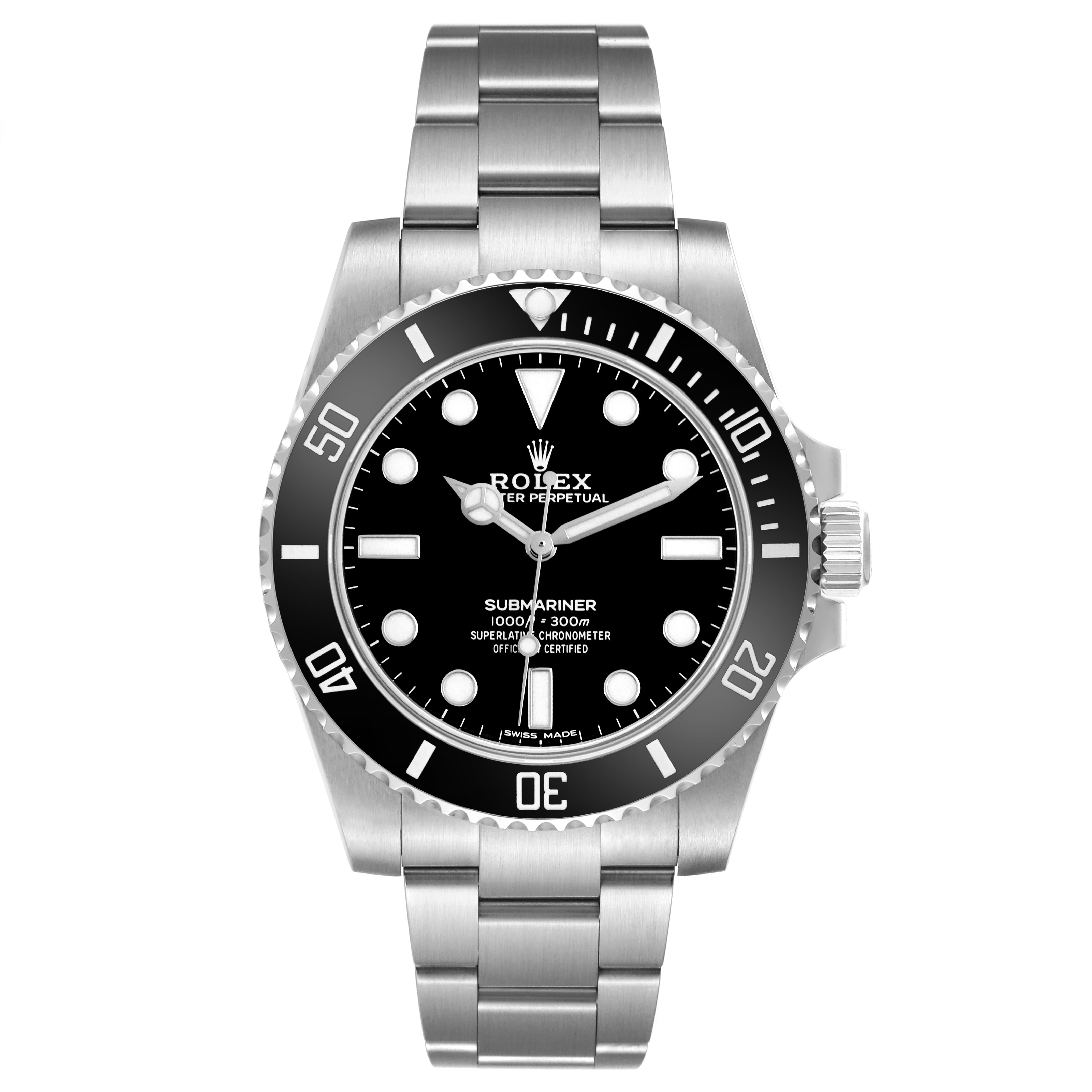 The image shows a front view of a Rolex Submariner 114060 Men's Stainless Steel Black Dial watch, displaying the dial, bezel, and bracelet.