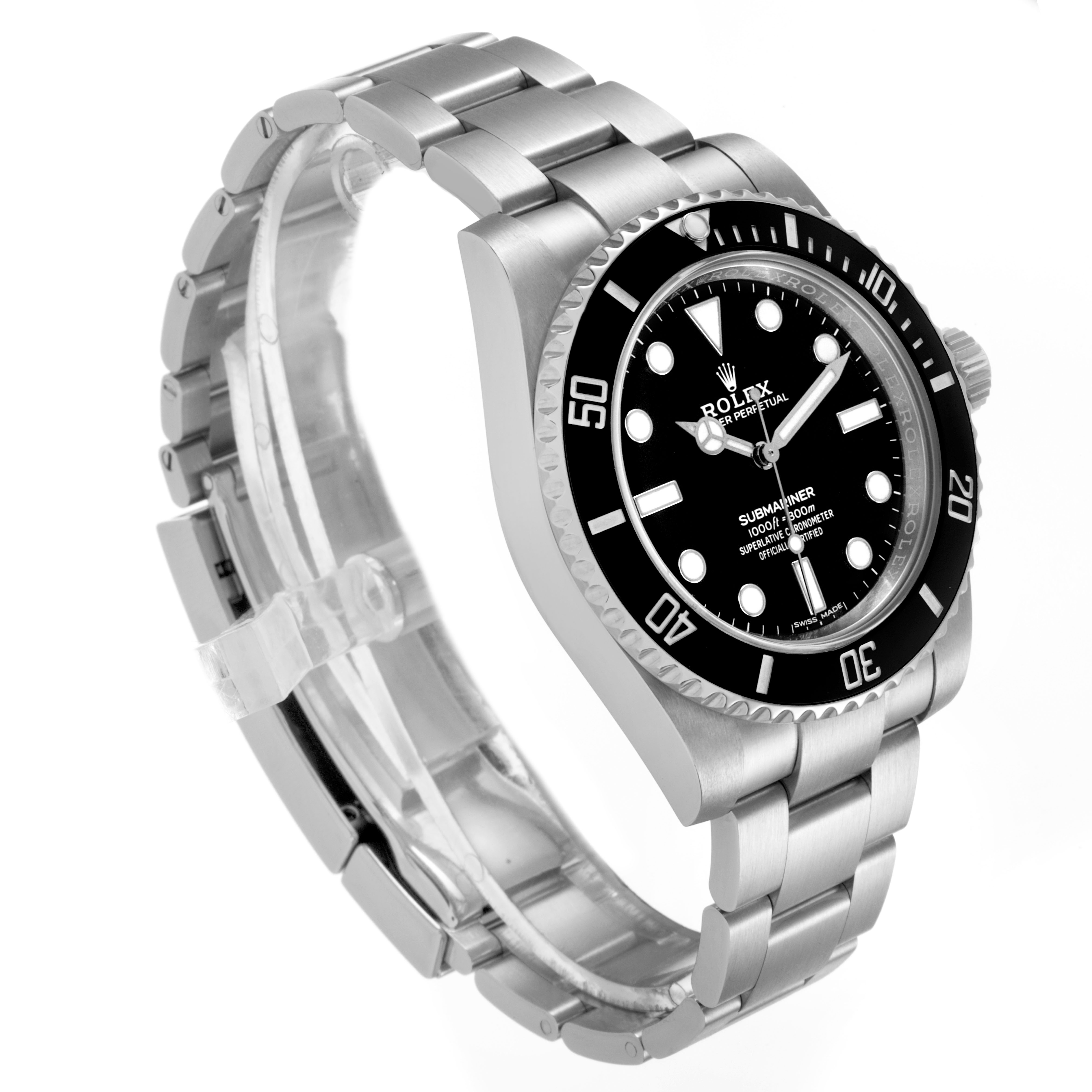 The Rolex Submariner 114060 Men's Stainless Steel Black Dial watch is shown from a three-quarter angle, highlighting the face, bezel, and bracelet.