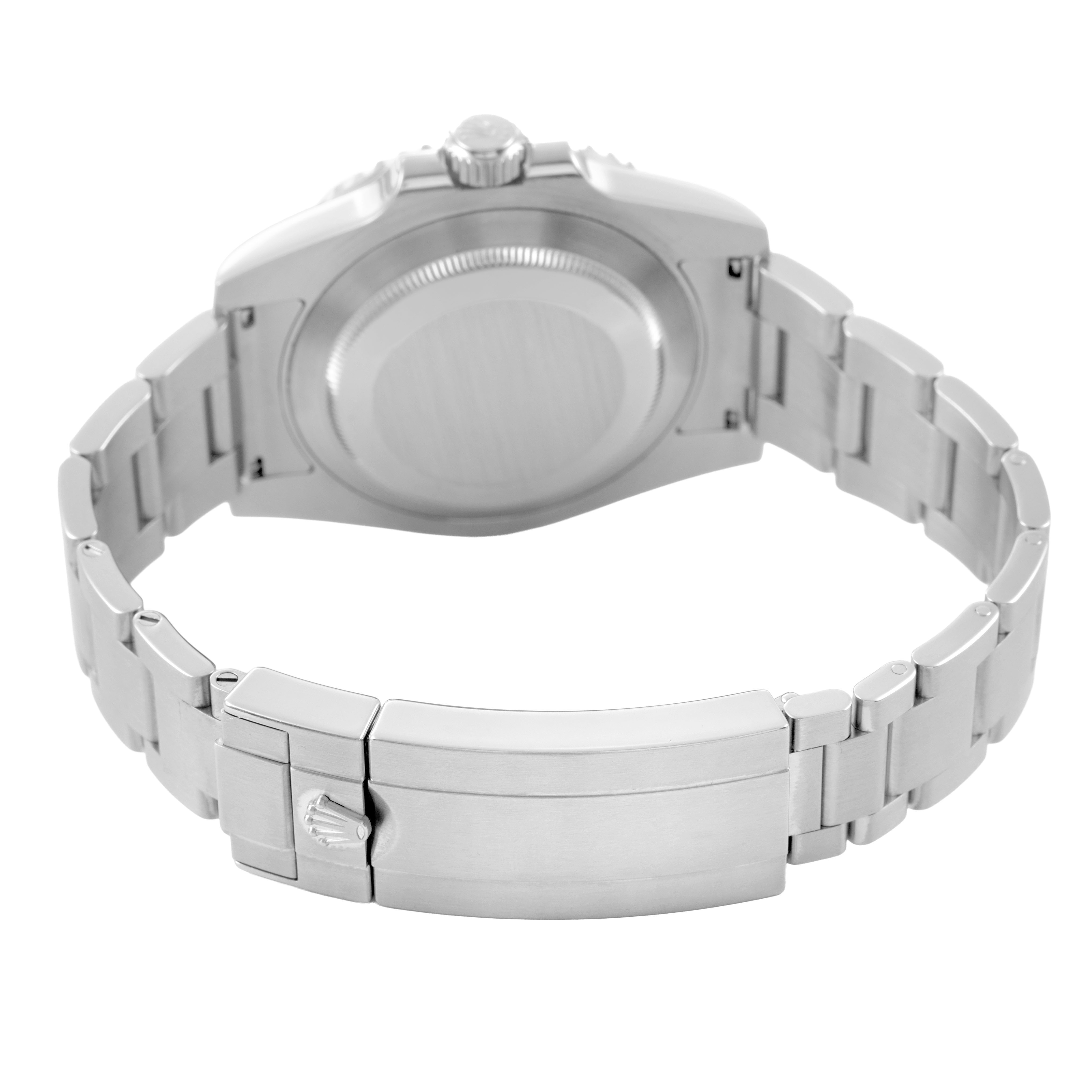 The Rolex Submariner 114060 Men's Stainless Steel Black Dial watch is shown from the back, highlighting the bracelet, clasp, and caseback.