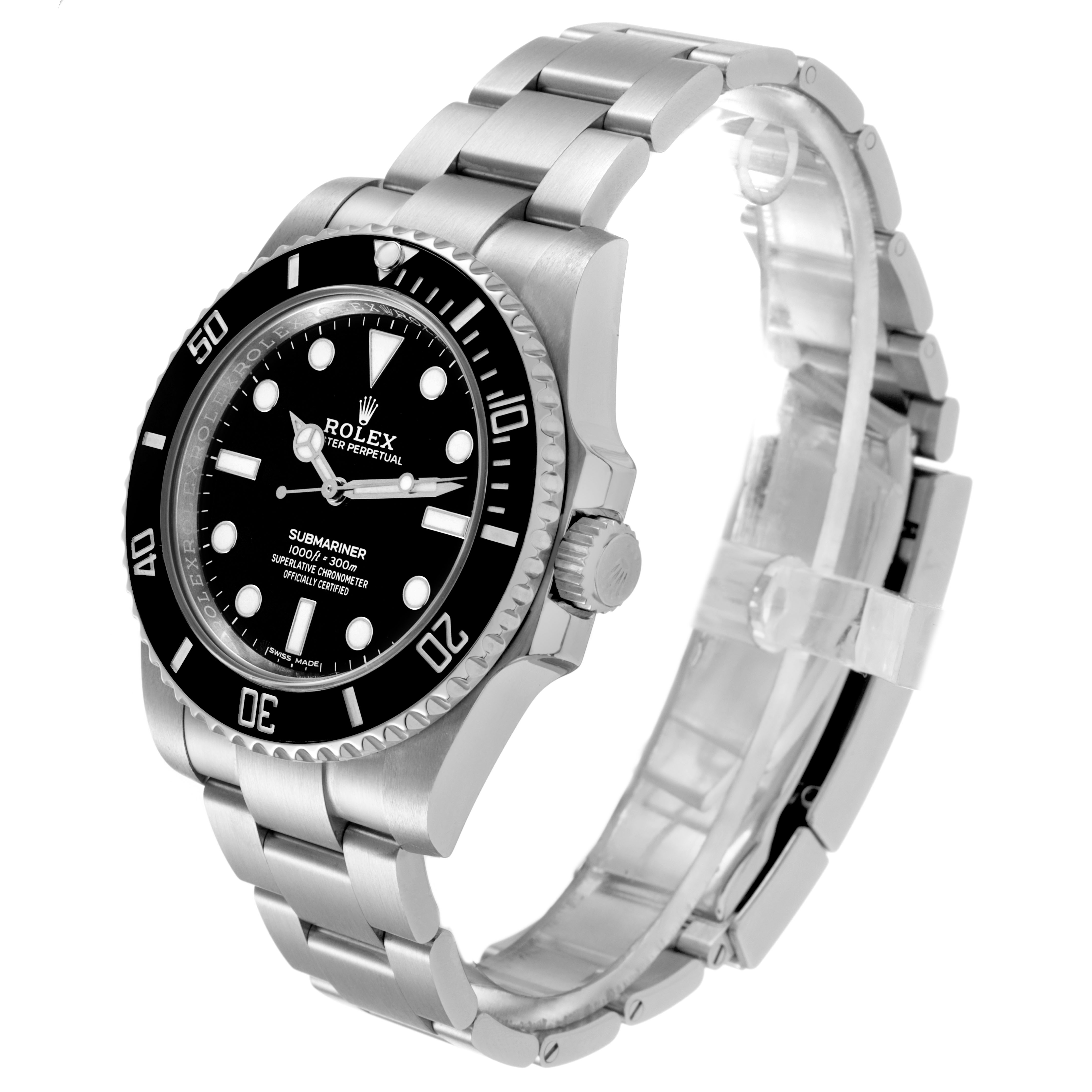 The Rolex Submariner 114060 Men's Stainless Steel Black Dial is shown at a three-quarter angle, highlighting the bracelet, bezel, and crown.