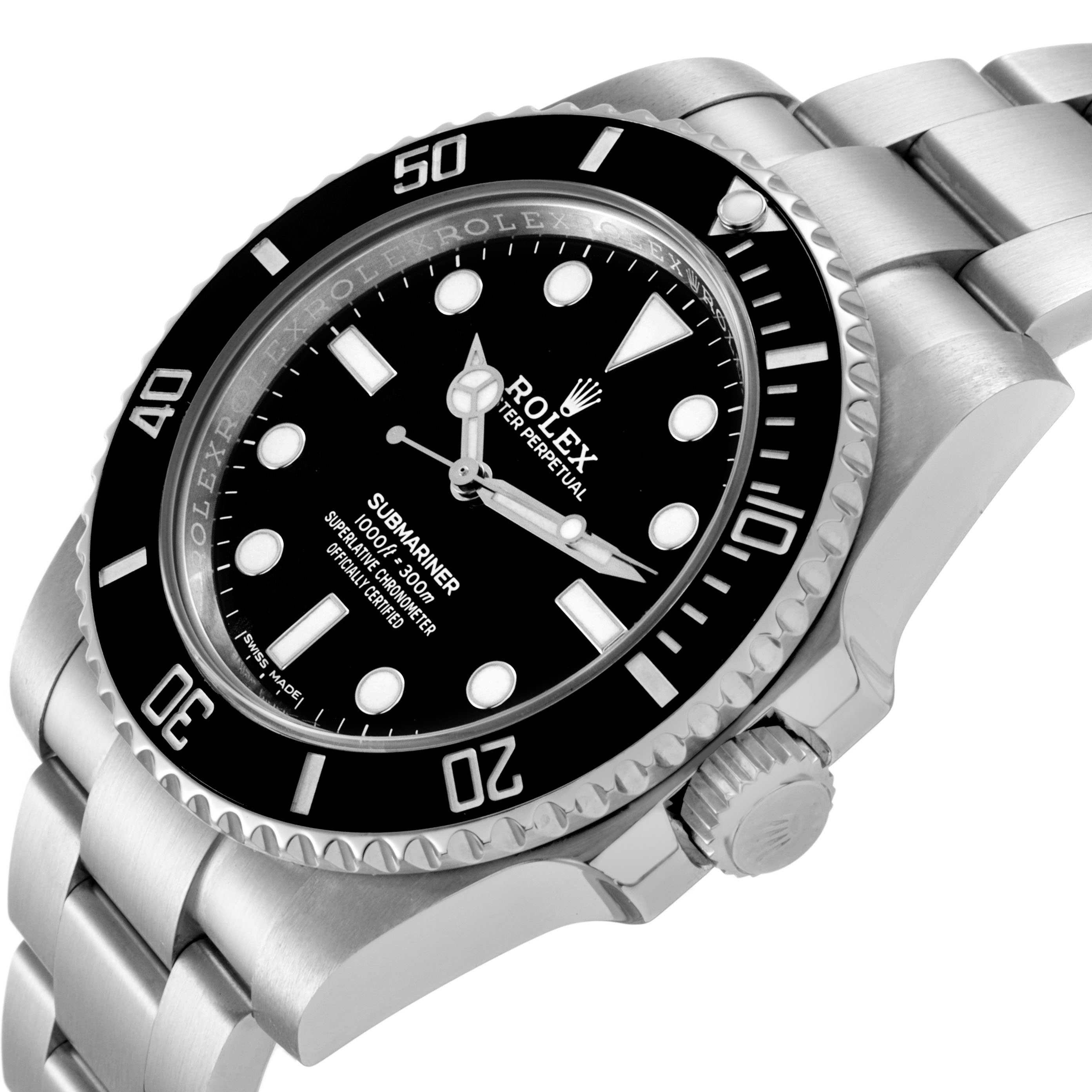 The Rolex Submariner 114060 Men's Stainless Steel Black Dial watch is shown at a tilted angle, highlighting the bezel, dial, crown, and bracelet.