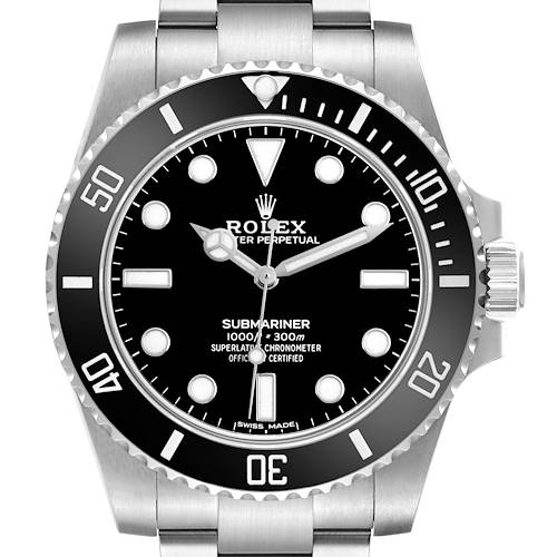 The Rolex Submariner 114060 Men's Stainless Steel Black Dial watch is shown from the front, highlighting the dial, bezel, and crown.