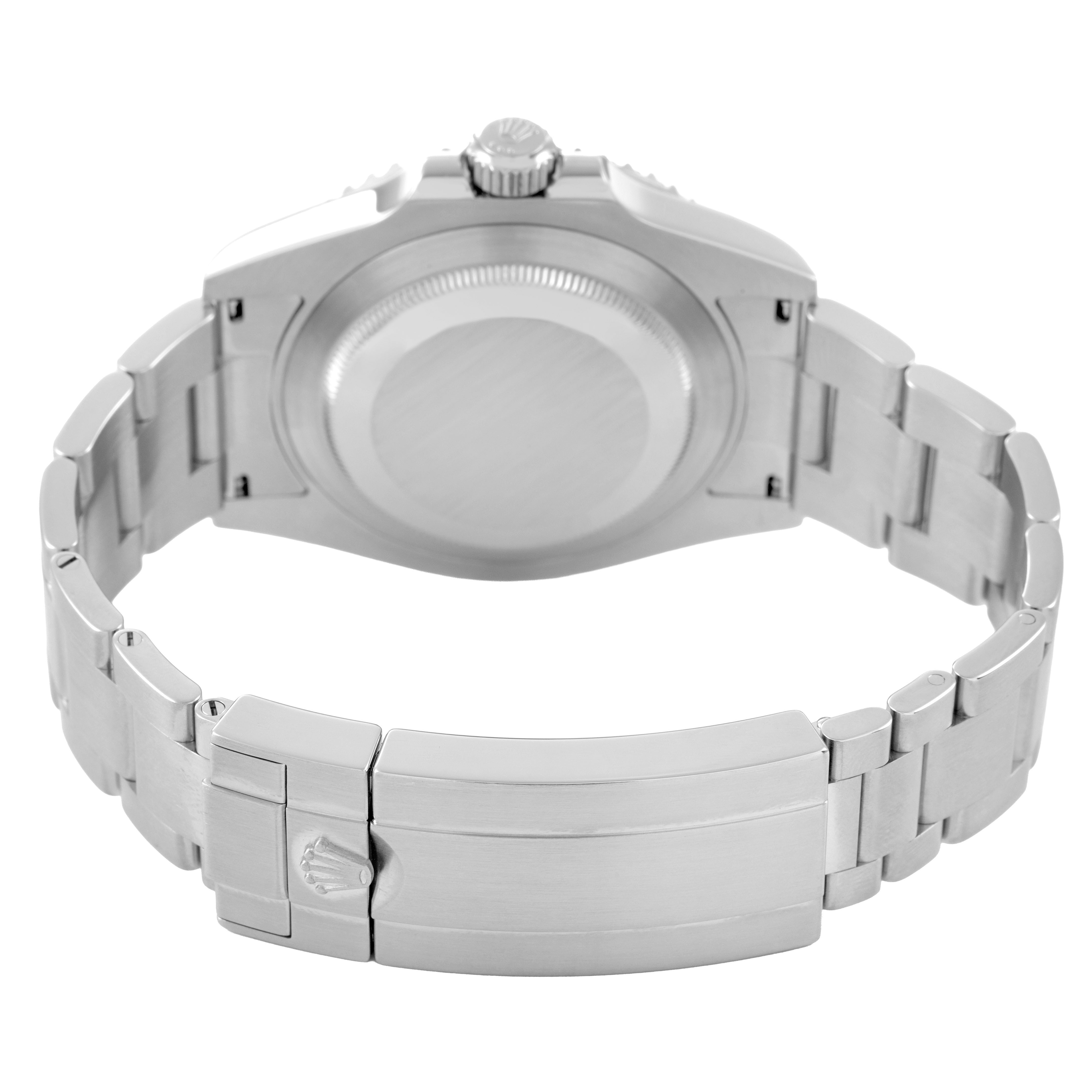 The image shows the case back and bracelet with clasp of a Rolex Submariner 124060 Men's Stainless Steel Black Dial from a rear angle.