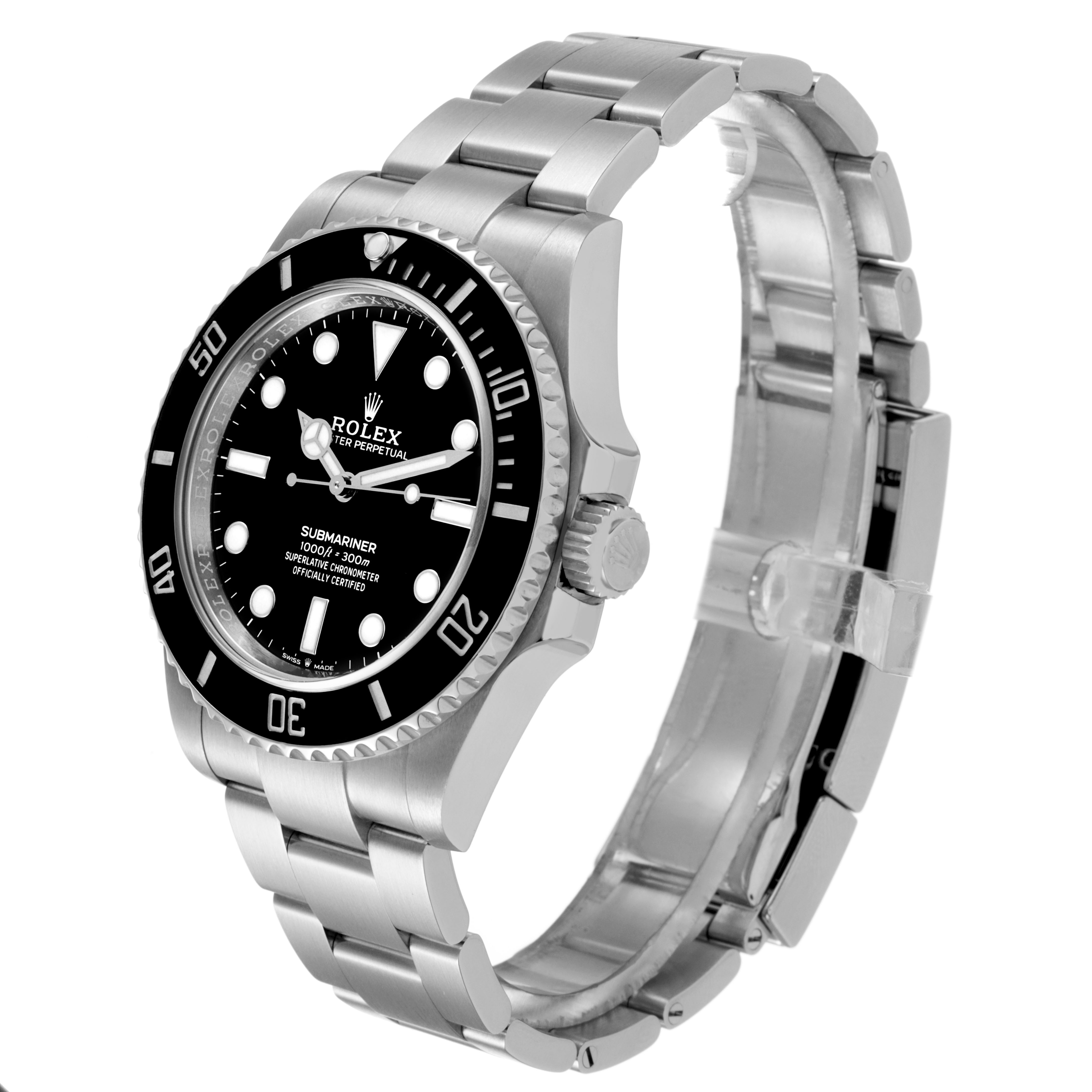 The Rolex Submariner 124060 Men's Stainless Steel Black Dial watch is shown from a side angle, highlighting the dial, bezel, crown, and bracelet.
