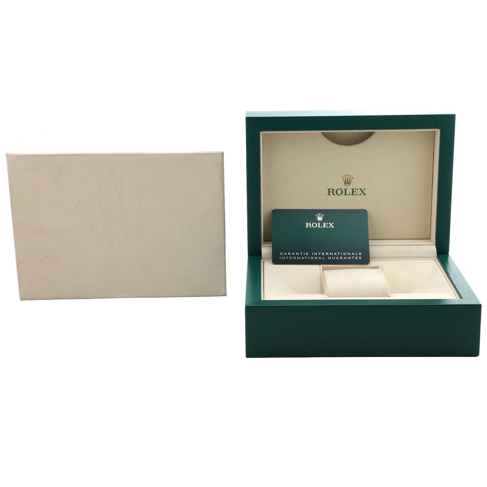 The image shows an open Rolex Submariner 124060 Men's Stainless Steel Black Dial box with a guarantee card, viewed from the front.