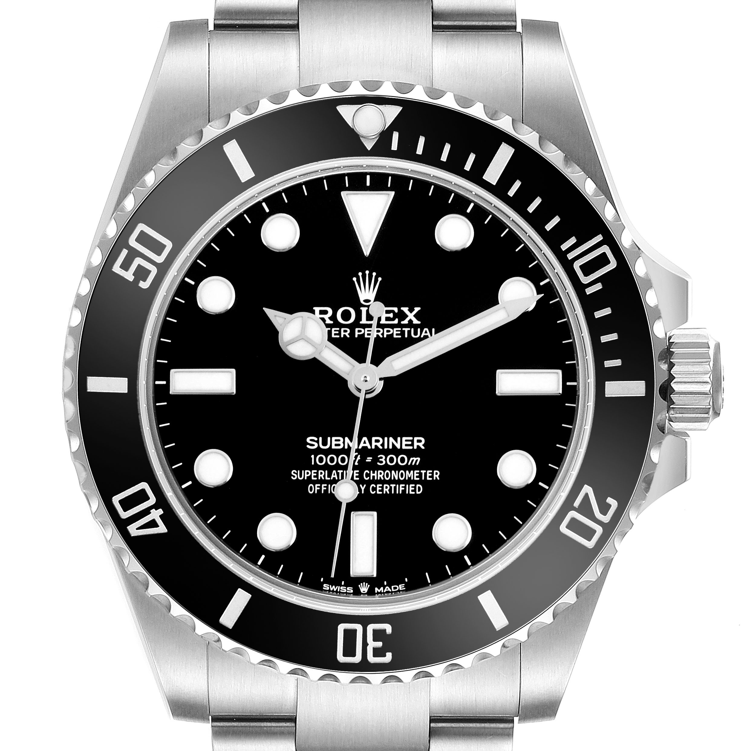 The image shows a Rolex Submariner 124060 Men's Stainless Steel Black Dial watch from the front, highlighting the dial, bezel, crown, and part of the bracelet.