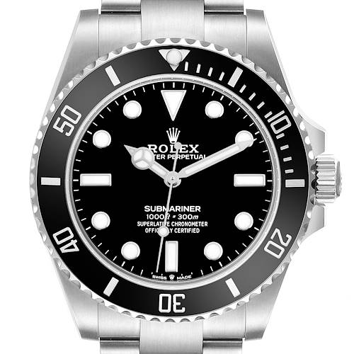 The Rolex Submariner 124060 Men's Stainless Steel Black Dial watch is shown from a frontal angle, highlighting its dial, bezel, and bracelet.