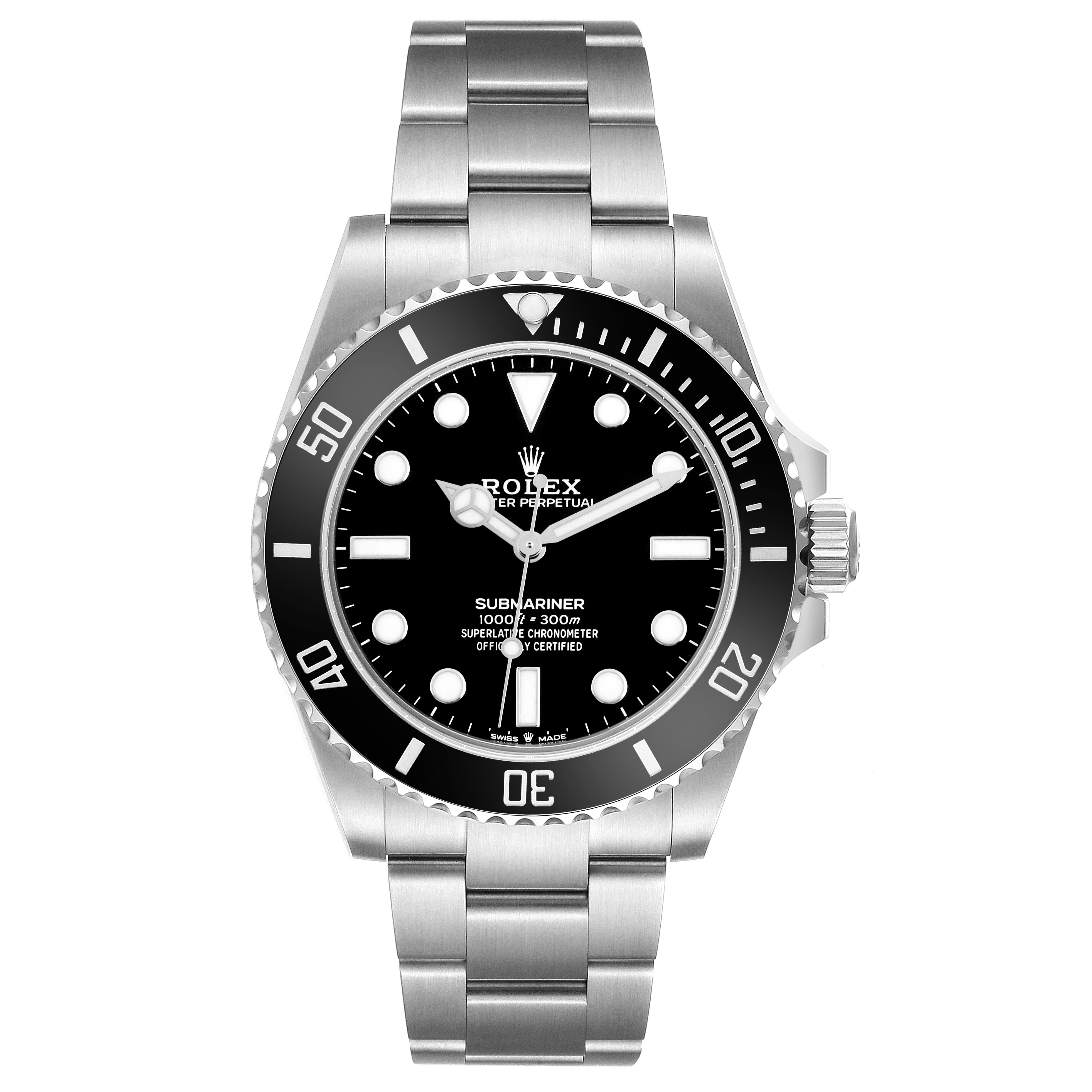 The Rolex Submariner 124060 Men's Stainless Steel Black Dial watch is shown from the front, displaying the dial, bezel, crown, and bracelet.