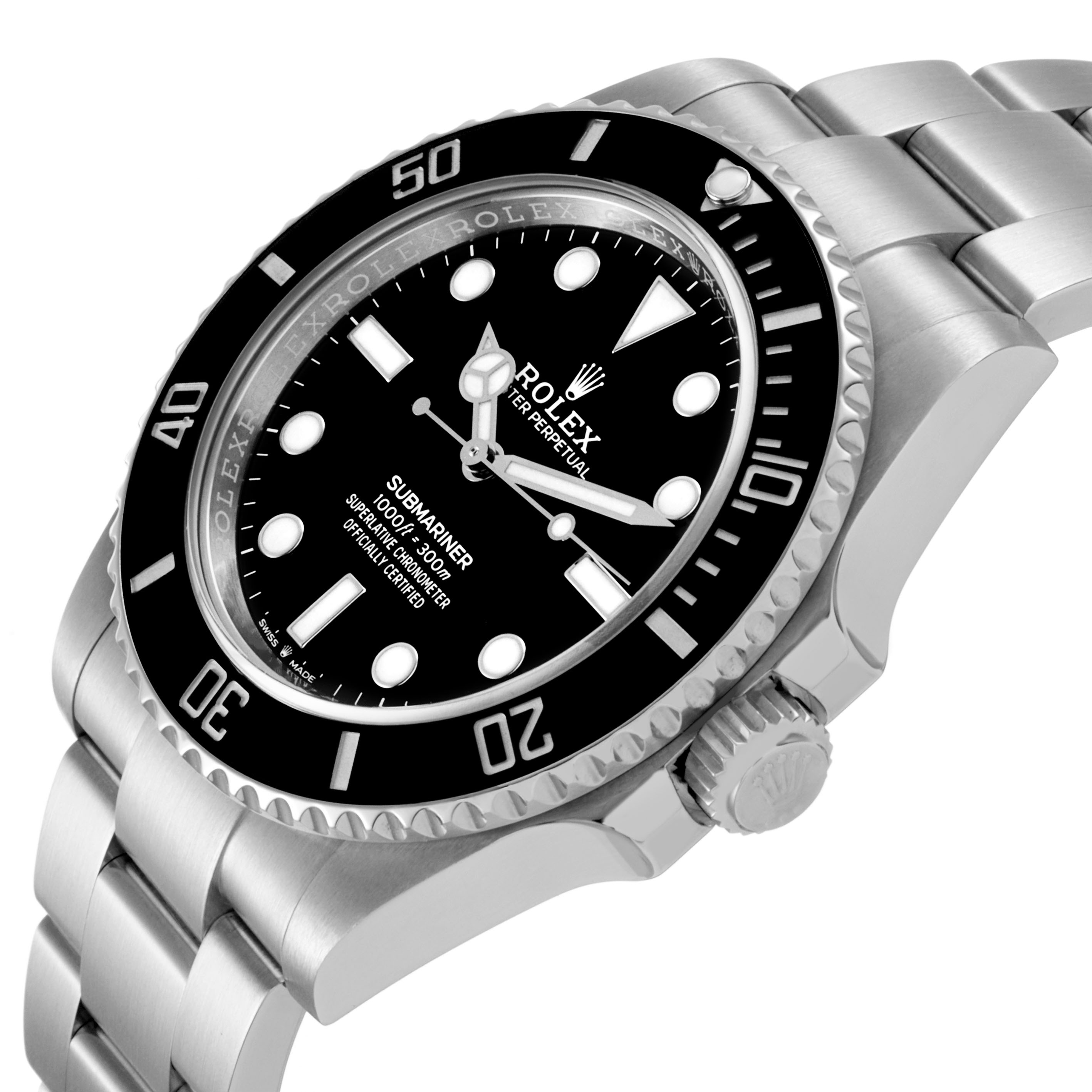 The image shows a Rolex Submariner 124060 Men's Stainless Steel Black Dial watch from a side angle, highlighting the dial, bezel, crown, and bracelet links.