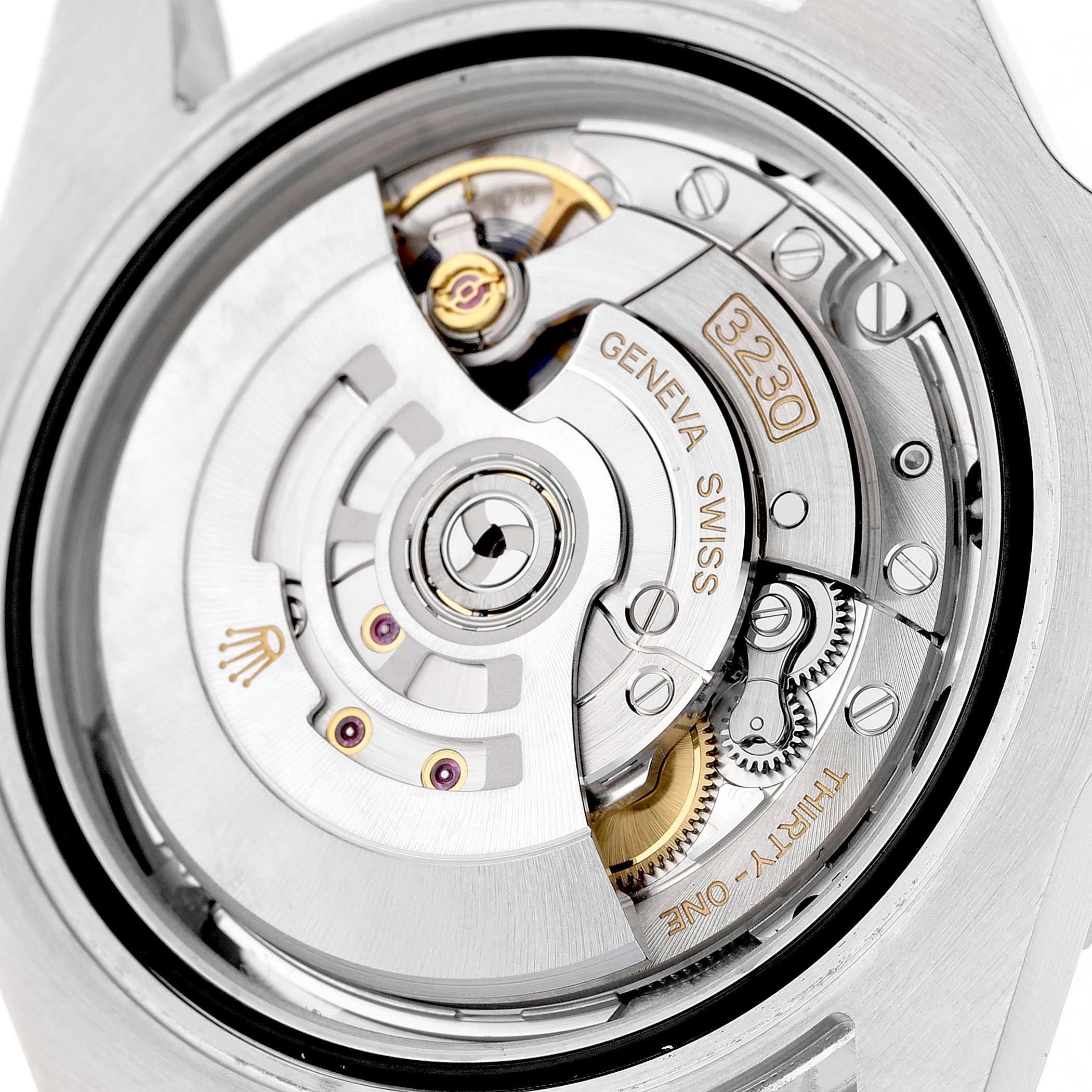 The image shows the movement of a Rolex Submariner 124060 Men's Stainless Steel Black Dial, focusing on the rotor and intricate gears.