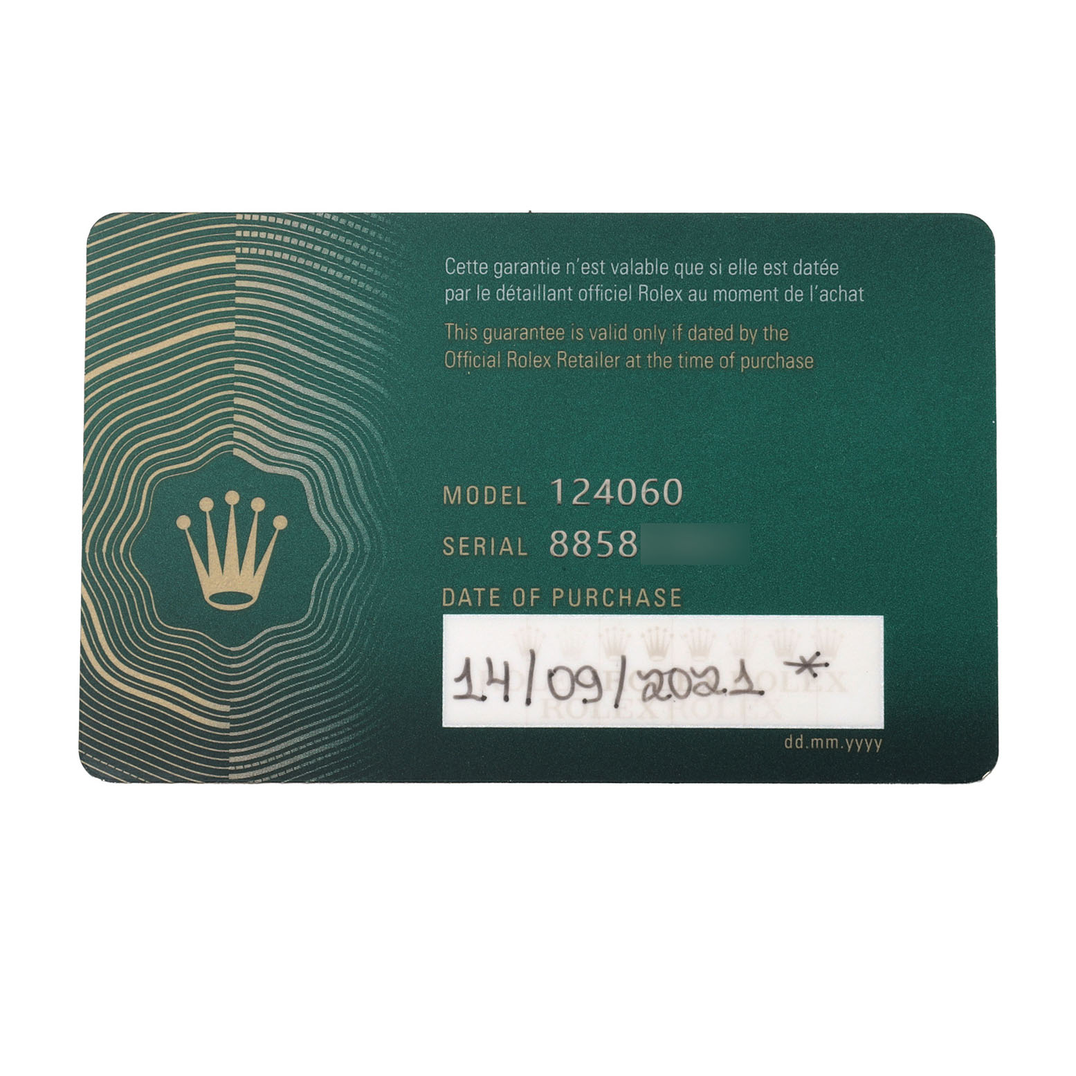 The image shows a green warranty card for a Rolex Submariner 124060 Men's Stainless Steel Black Dial, displaying model 124060 and a purchase date.