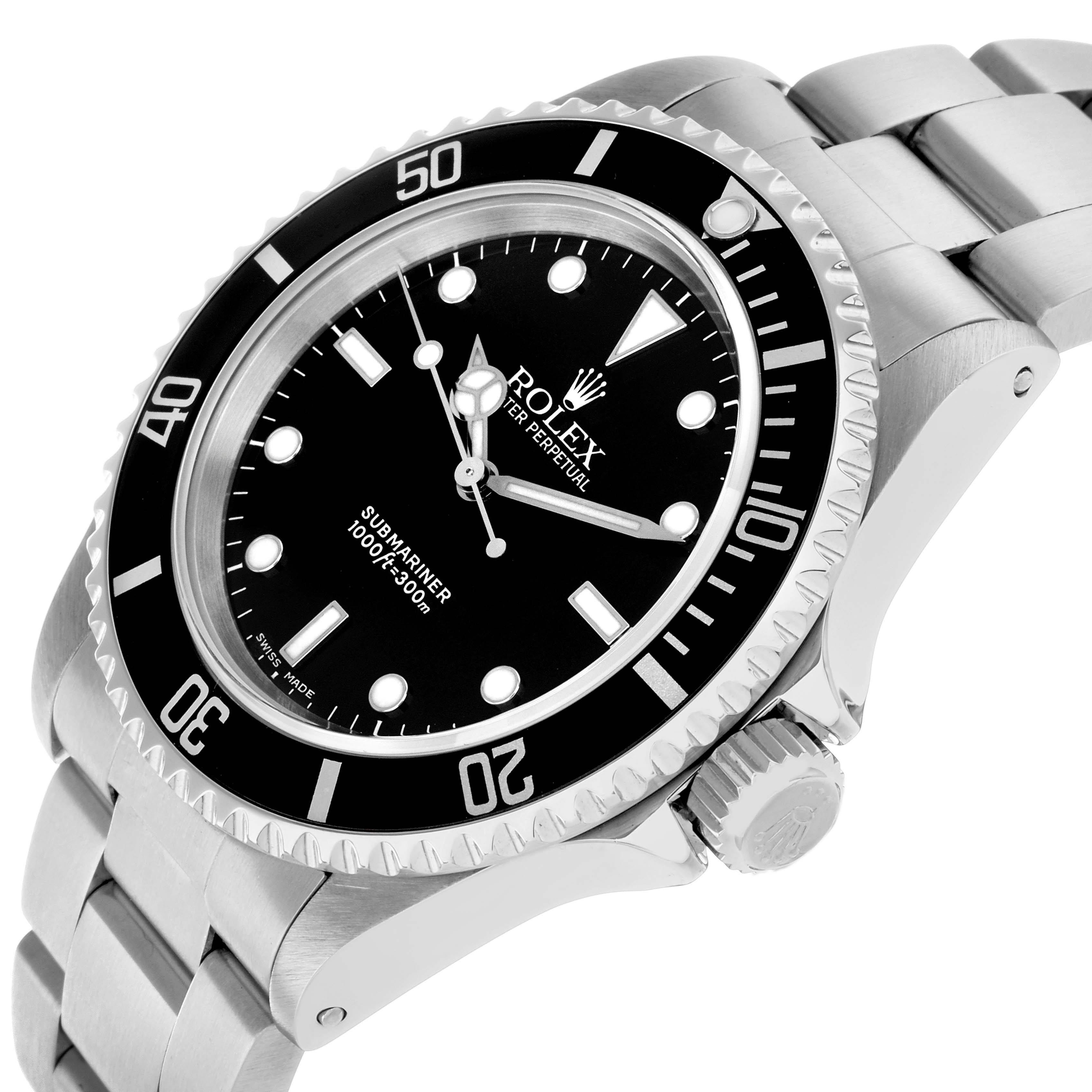 The Rolex Submariner 14060 Men
s Stainless Steel Black Dial watch is shown at an angled view, highlighting the black dial, bezel, and stainless steel bracelet.