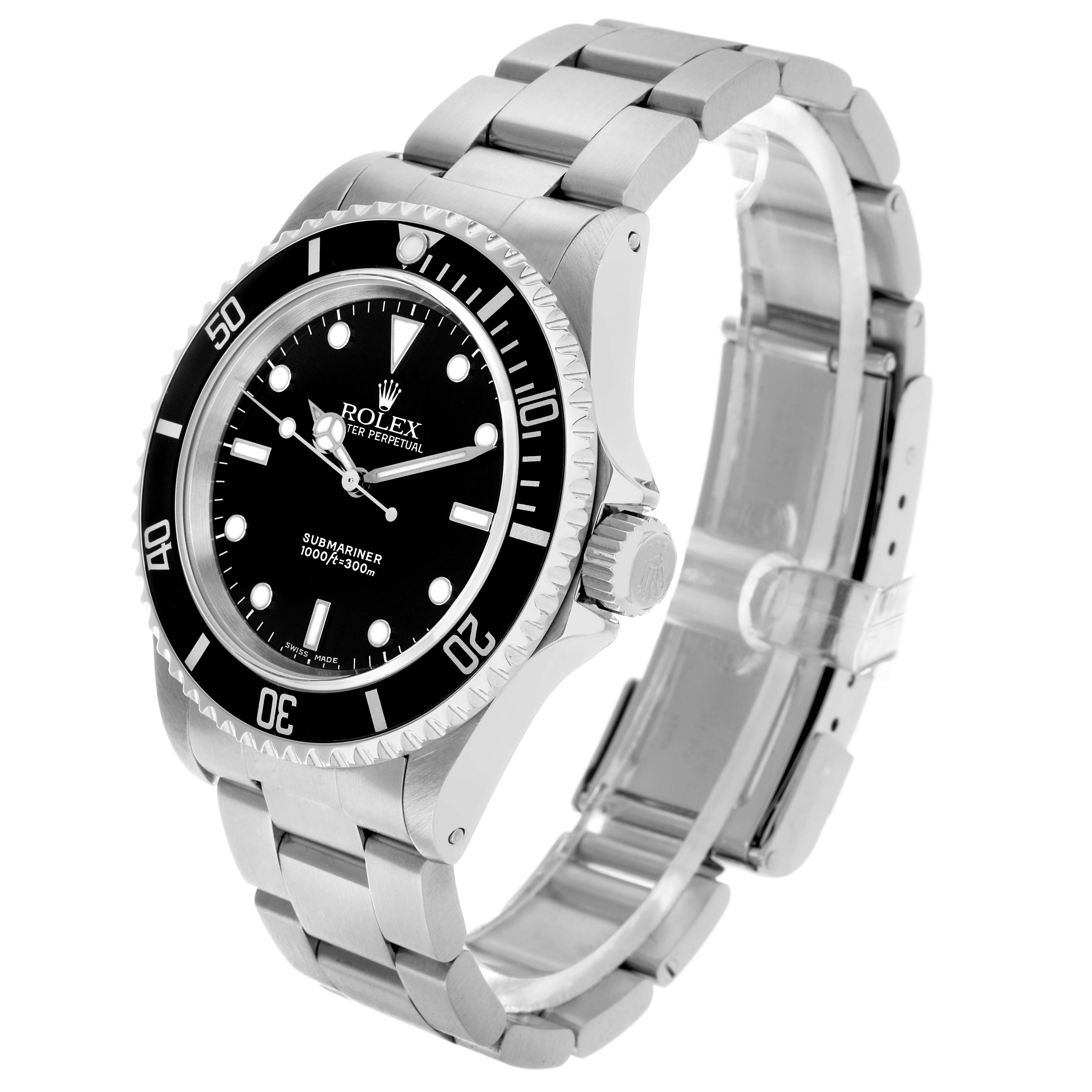 The Rolex Submariner 14060 Men
s Stainless Steel Black Dial watch is shown at an angled side view, highlighting the face, bezel, crown, and bracelet.