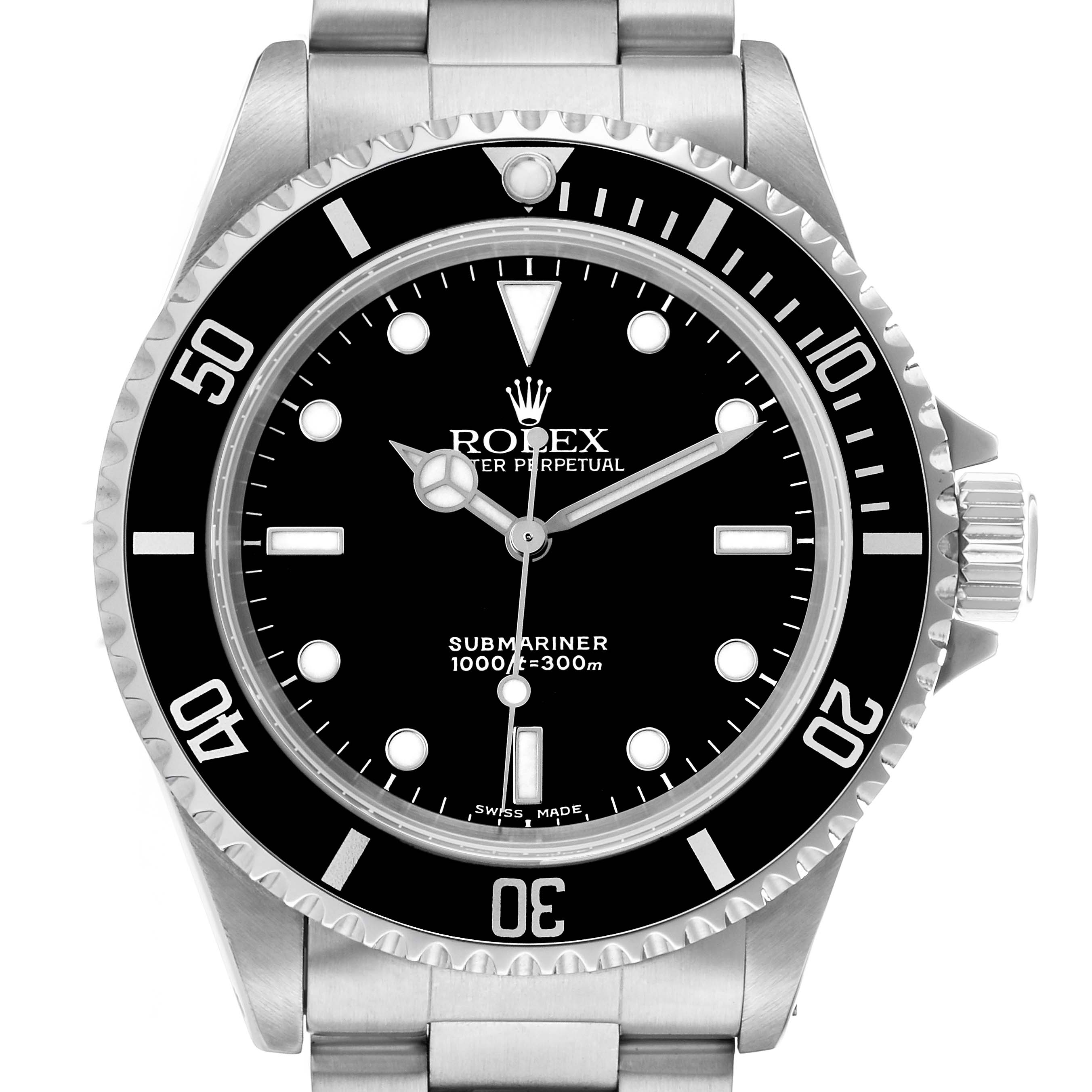 The Rolex Submariner 14060 Men
s Stainless Steel Black Dial watch is shown from a front angle highlighting the black dial, bezel, and bracelet.