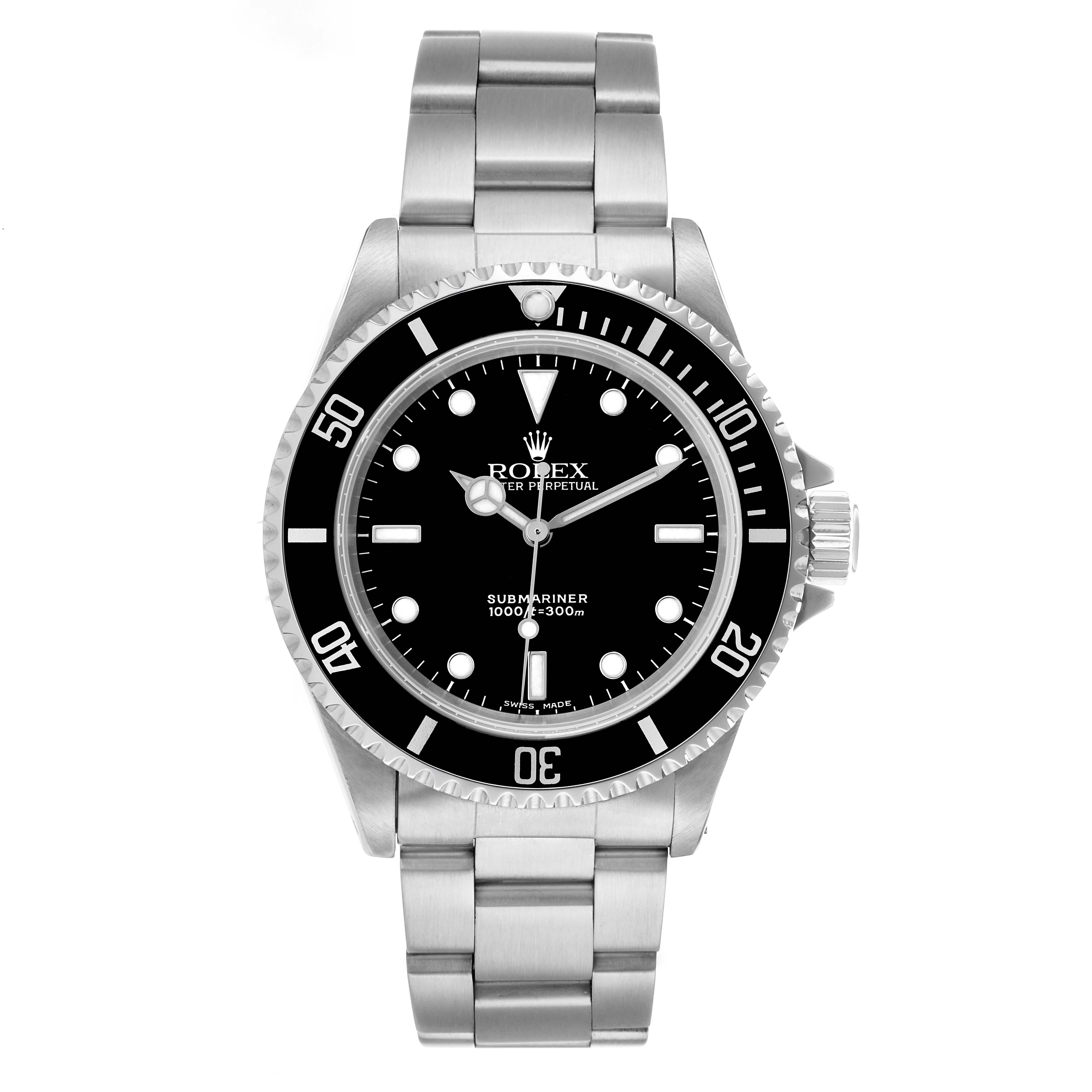 The Rolex Submariner 14060 Men
s Stainless Steel Black Dial watch is shown from a front angle, displaying the dial, bezel, and bracelet.