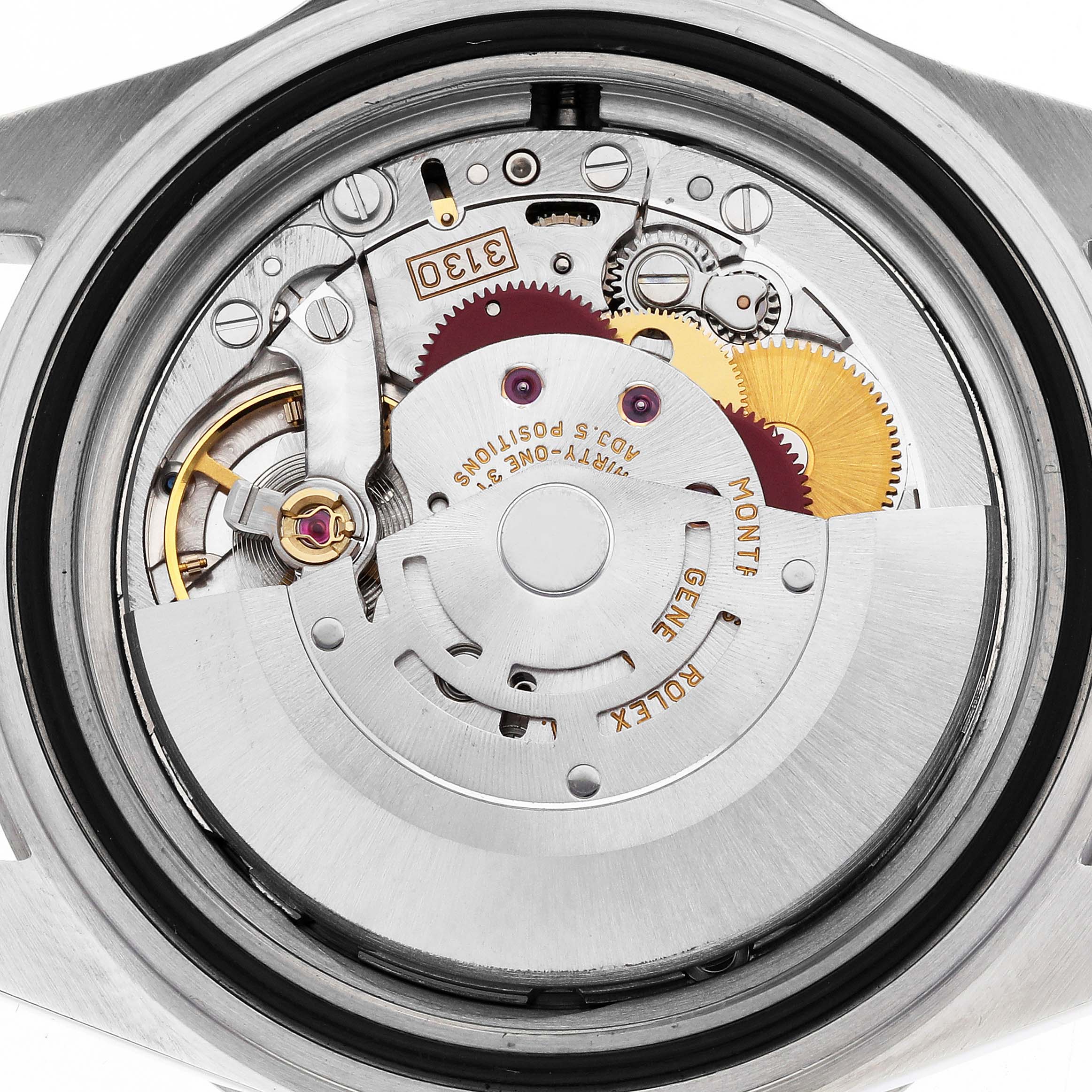The image shows the movement of a Rolex Submariner 14060 Men
s Stainless Steel Black Dial watch from a top-down angle, highlighting its inner mechanisms and gears.