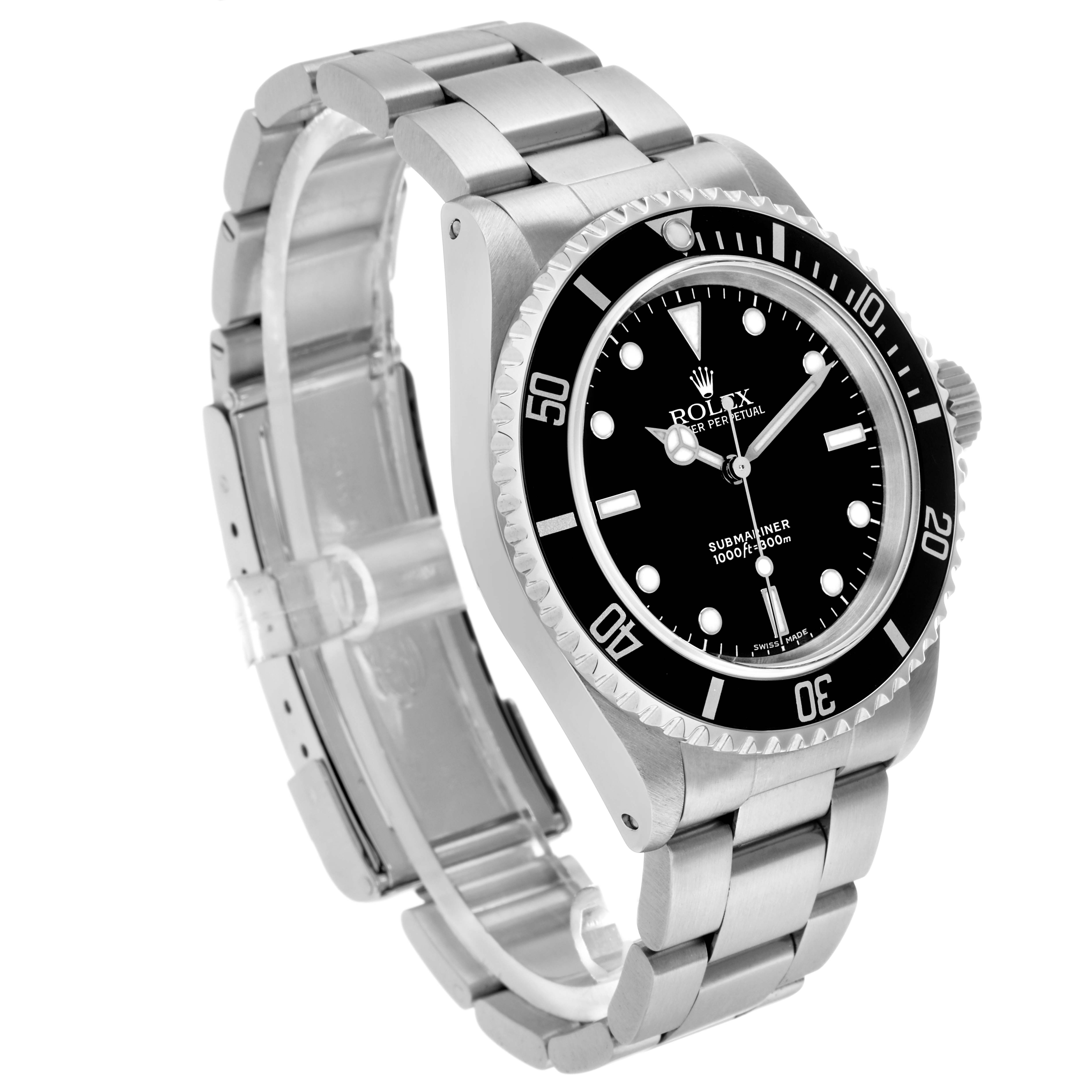 The Rolex Submariner 14060 Men
s Stainless Steel Black Dial watch is shown at a three-quarter angle, displaying the dial, bezel, and bracelet clearly.