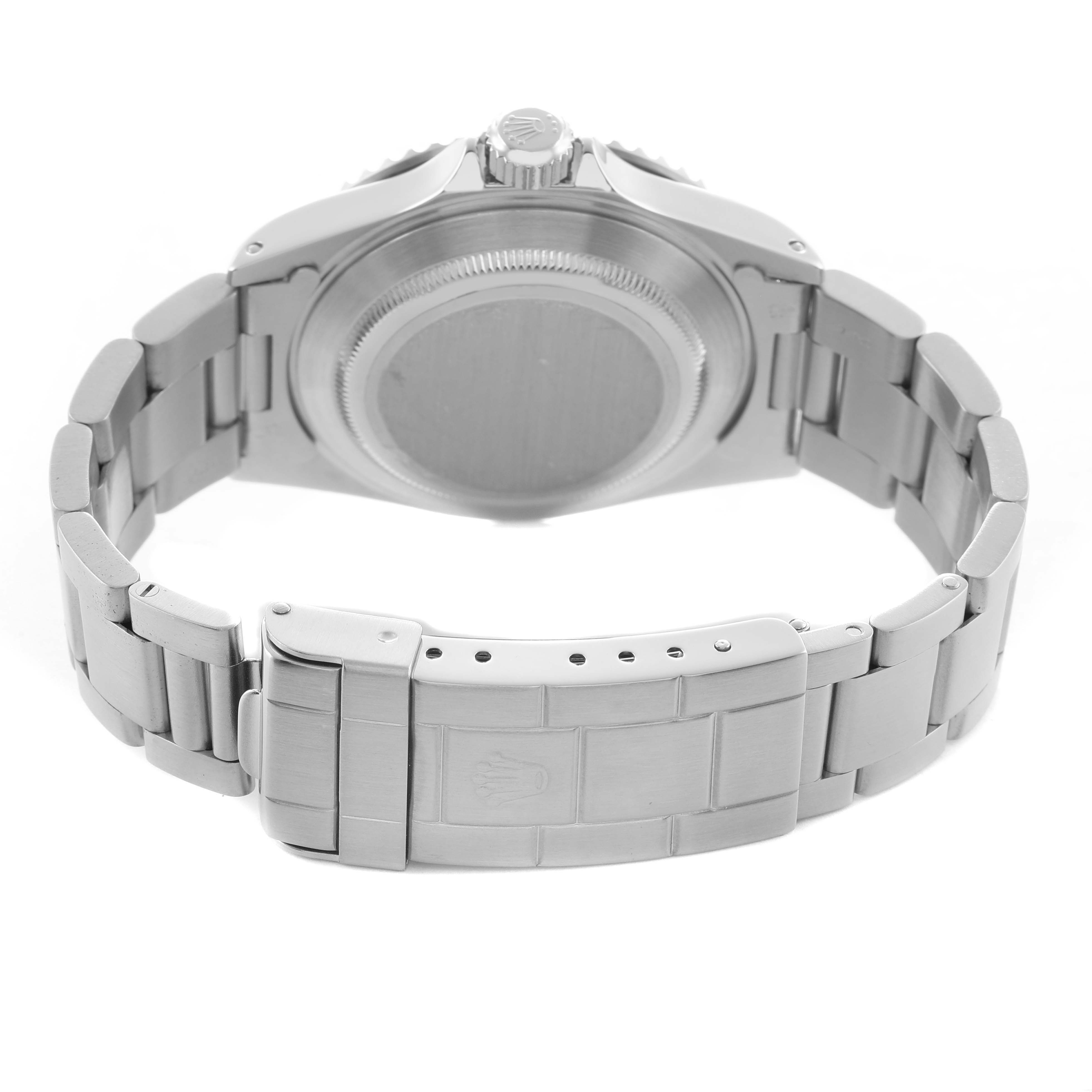 The image shows the back of the Rolex Submariner 14060 Men
s Stainless Steel Black Dial, highlighting the closed clasp and bracelet links.