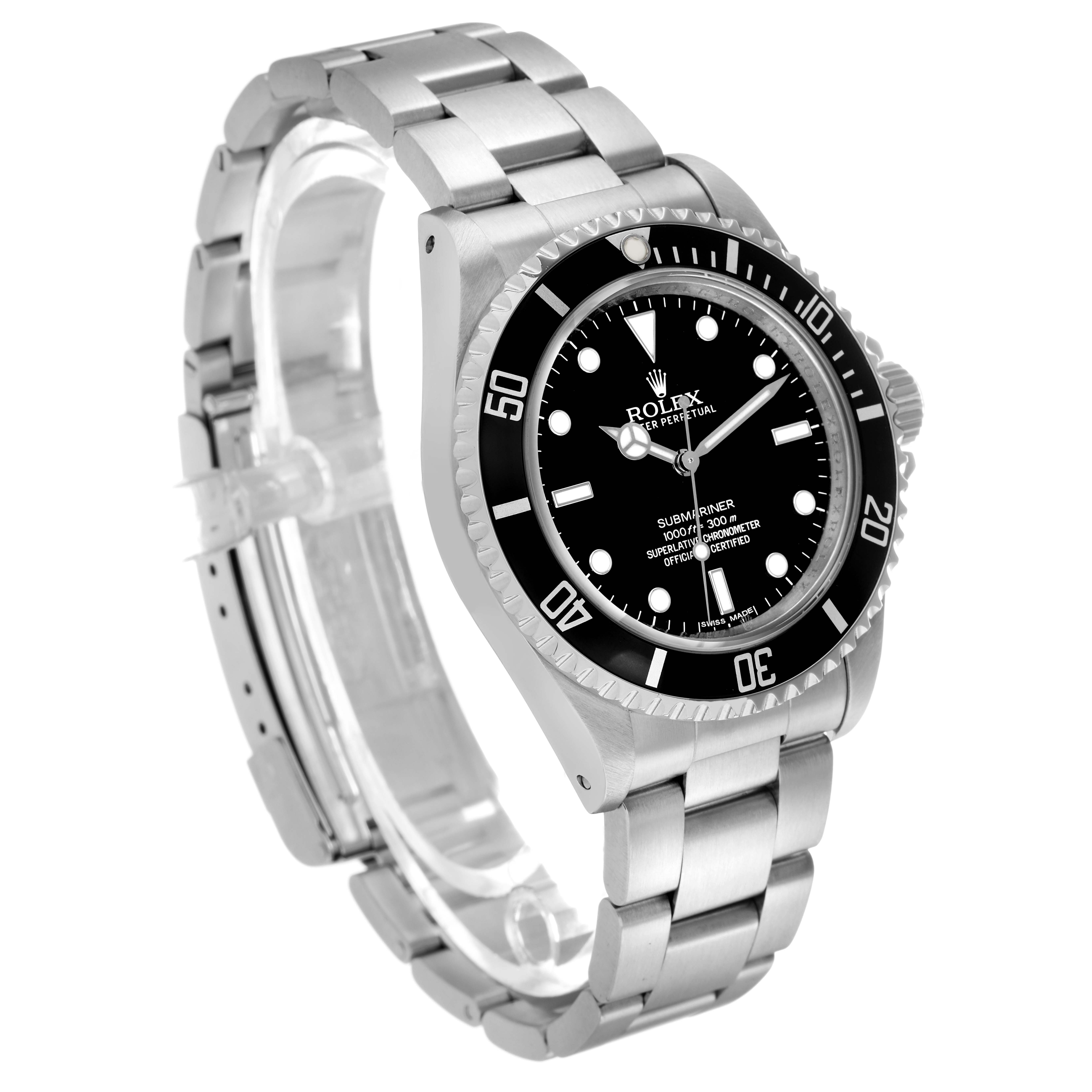 The Rolex Submariner 14060 Men
s Stainless Steel Black Dial watch is shown at a three-quarter angle, highlighting the bezel, dial, bracelet, and crown.