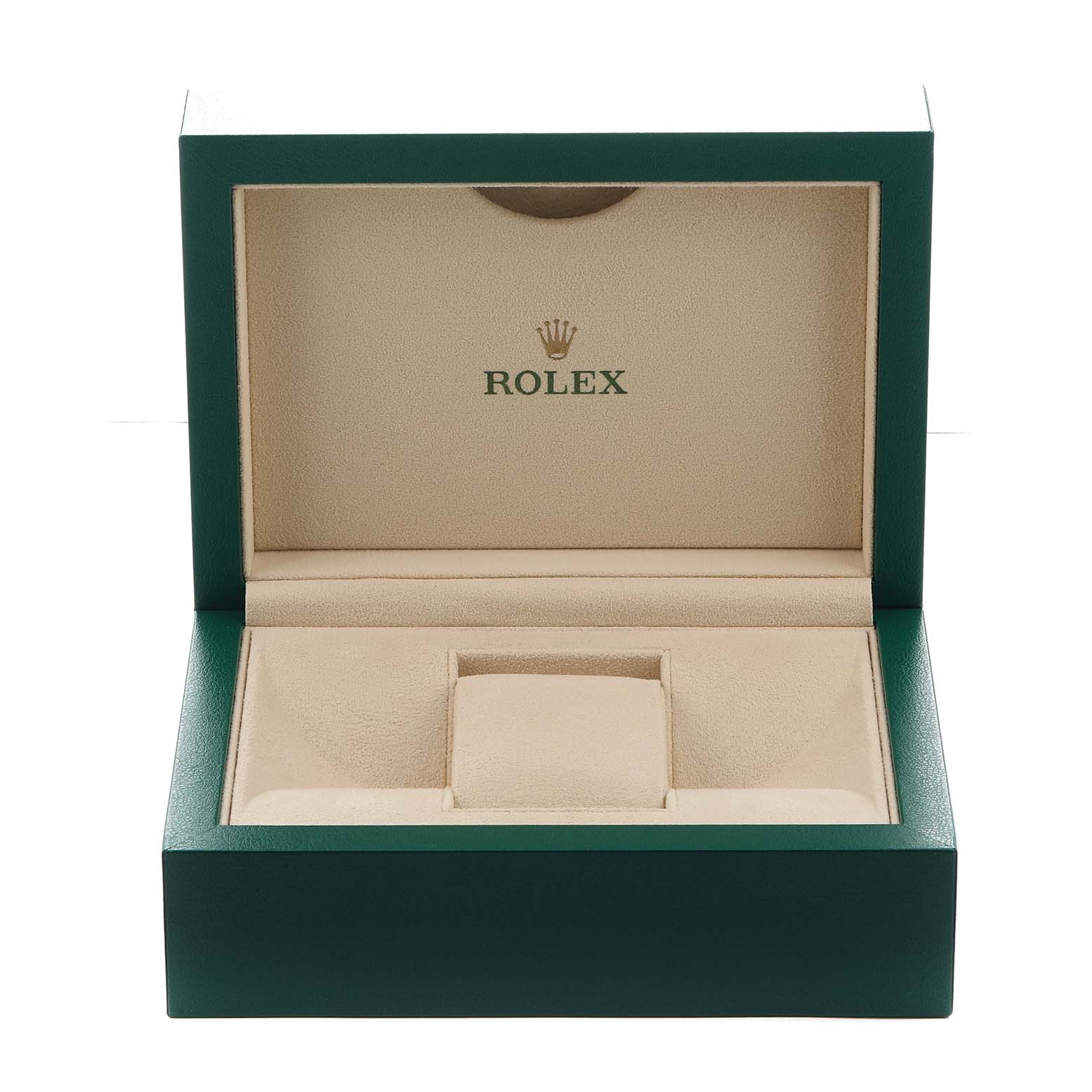 The image shows an open Rolex Submariner 14060 Men
s Stainless Steel Black Dial watch box, displaying the interior compartment designed to hold the watch.