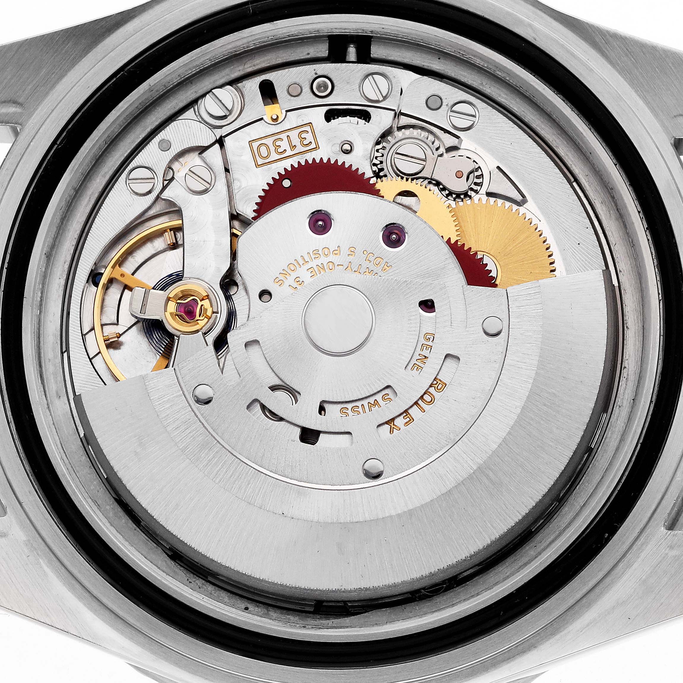 The image shows the back view of a Rolex Submariner 14060 Men
s Stainless Steel Black Dial, highlighting its mechanical movement and intricate components.