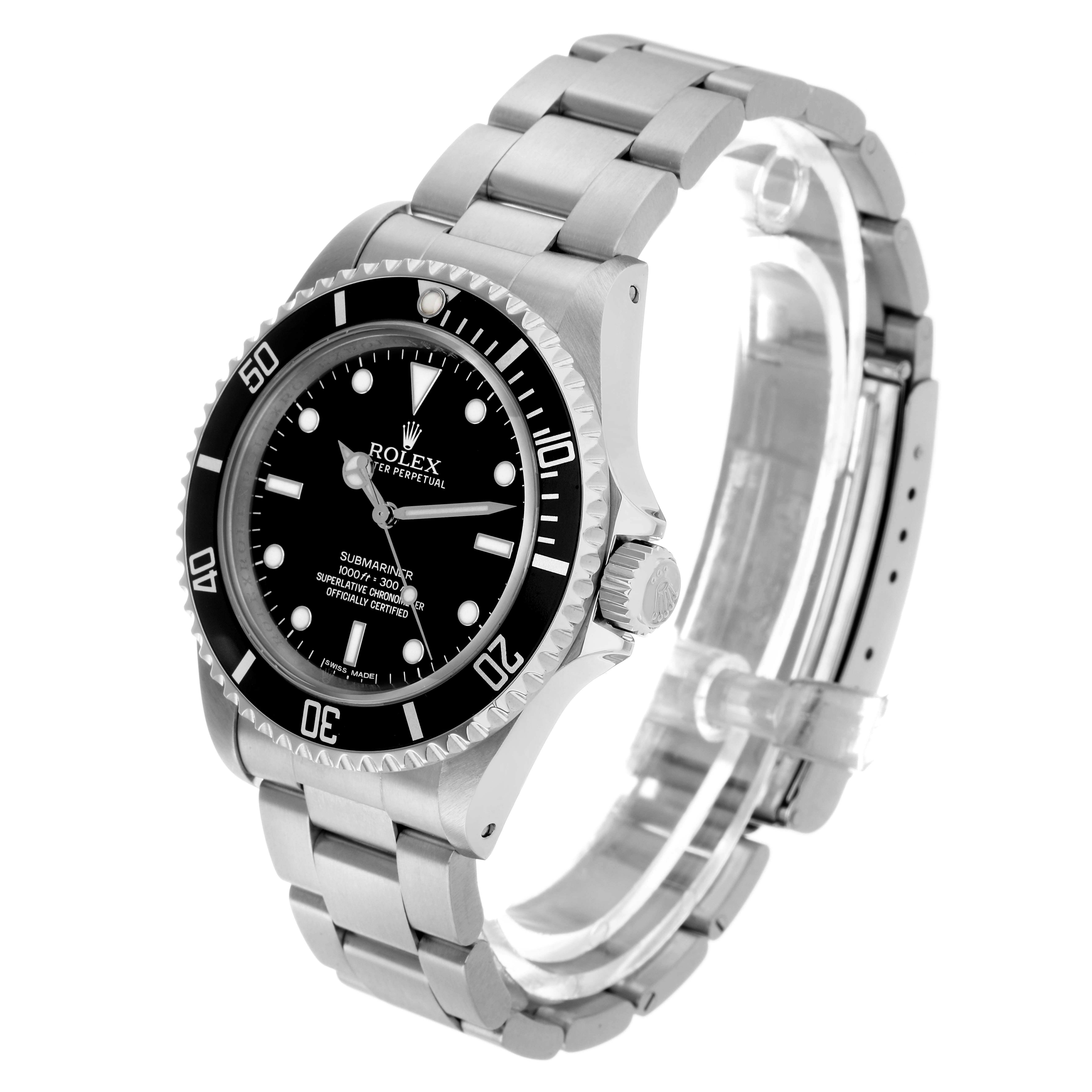 The Rolex Submariner 14060 Men
s Stainless Steel Black Dial watch is shown at an angled side view, displaying the dial, bezel, crown, and bracelet.